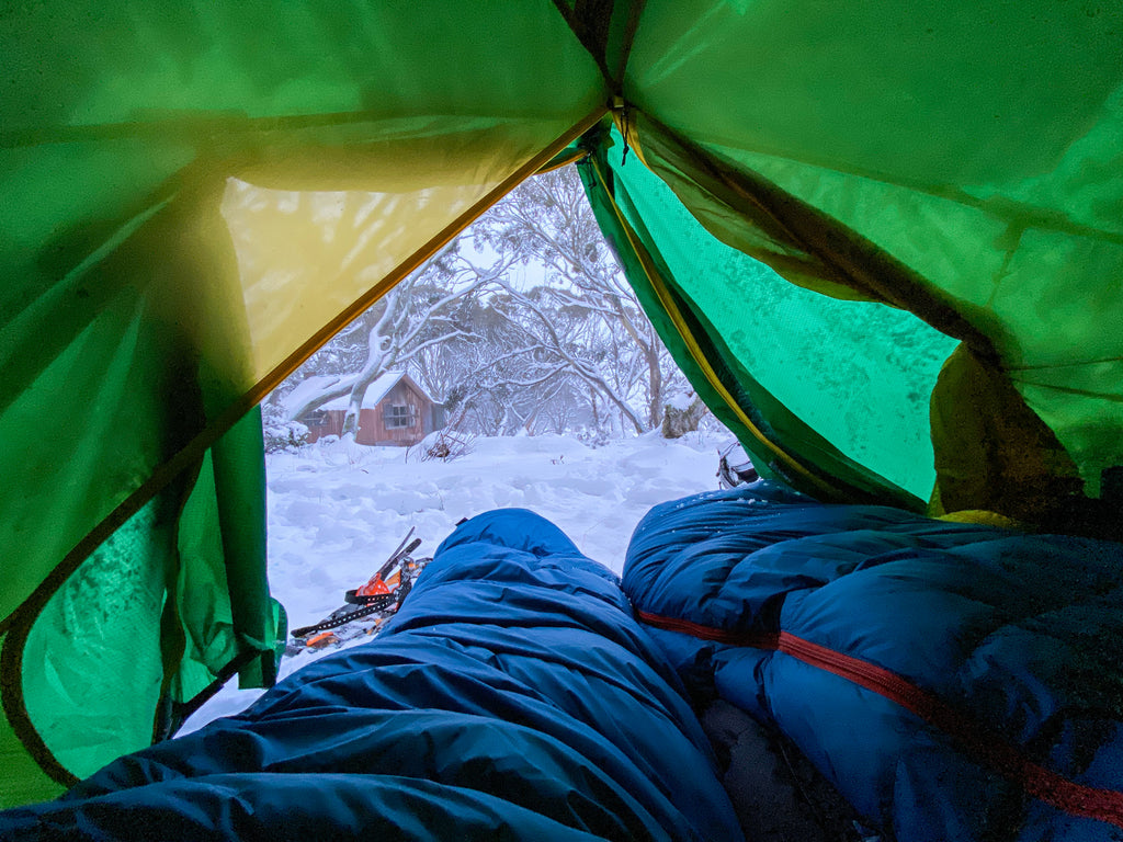 Dragonfly Tent and Warmlite Boxfoot 750 XT-R Sleeping Bags at Mount Hotham. By Carol Binder