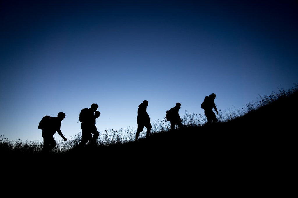 5 hikers make their way up a trail in low light