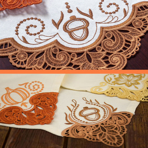 Pumpkin and acorn napkin corner embroidery designs in fall colors