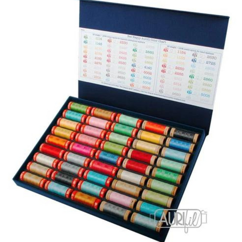 Open box containing several dozen Aurifil thread colors