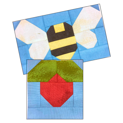 Blue quilt blocks, one with bee, one with strawberry -- Pattern "Fab Farm" by Elizabeth Hartman -- RebsFabStash