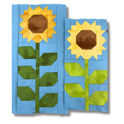 Two vertical quilt blocks with pieced sunflowers on a light blue background