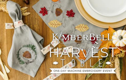 Harvest Table Kimberbell Virtual Event--embroidered napkin and placemat designs with leaves, acorns and pumpkins