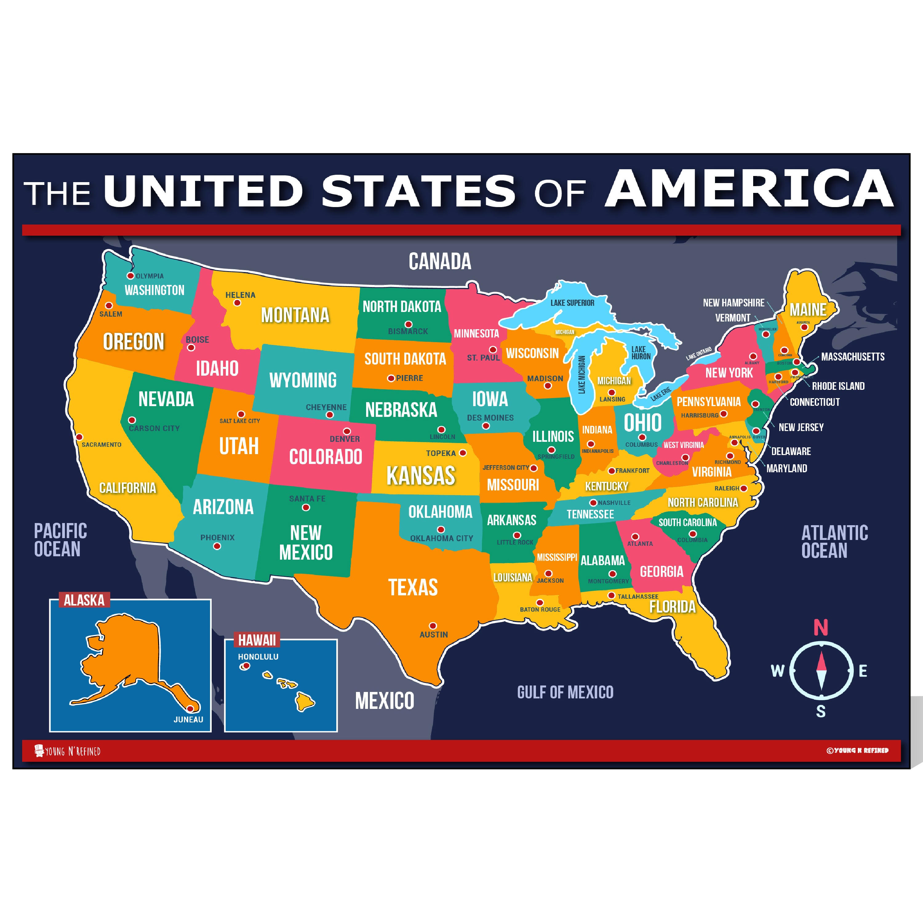 Map Of USA For Kids LAMINATED Large Poster Young N Refined   Edu MapUSA BasicBlue Thumb1 