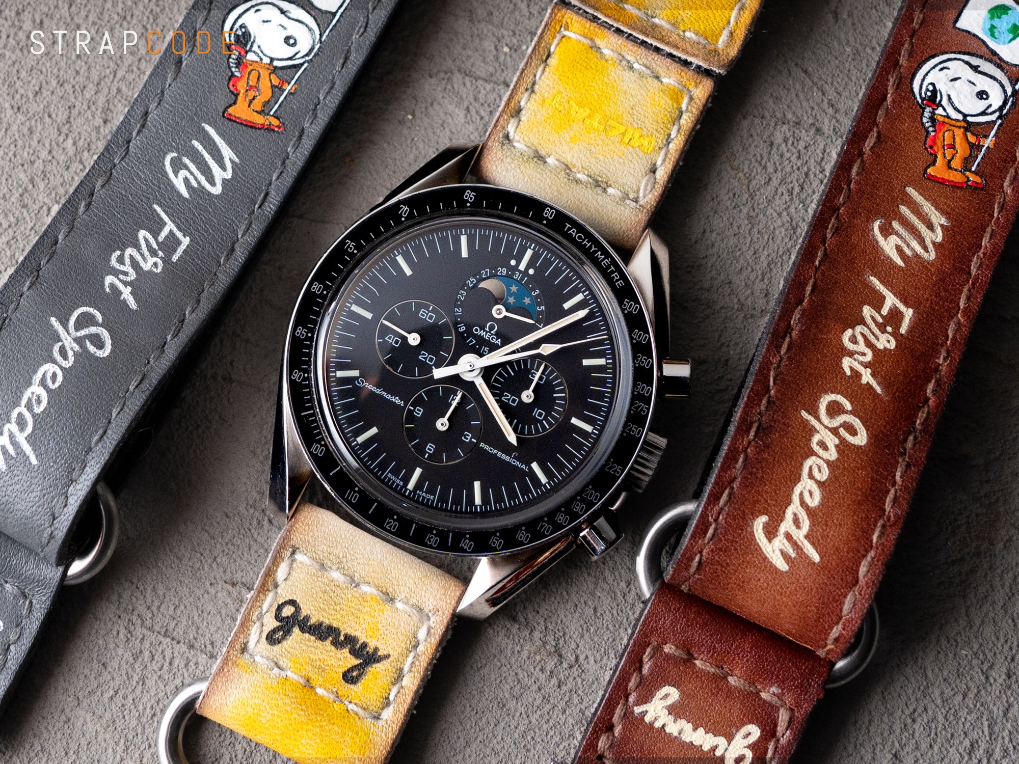 Omega Moonphase paired with Gunny X MT Leather Moonswatch Watch band by Strapcode