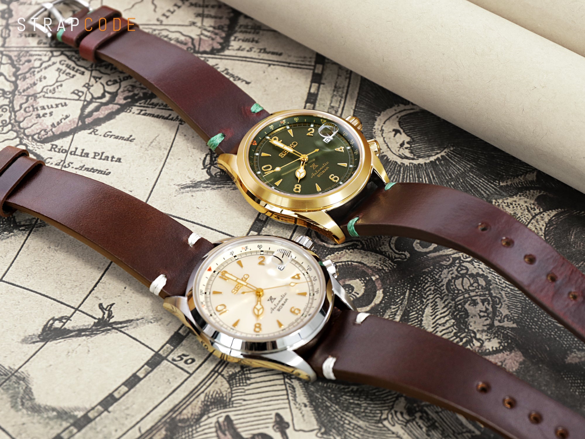 HORWEEN leather watch straps paired with Seiko Alpinist, SPB210J1 and SPB123J1 by Strapcode