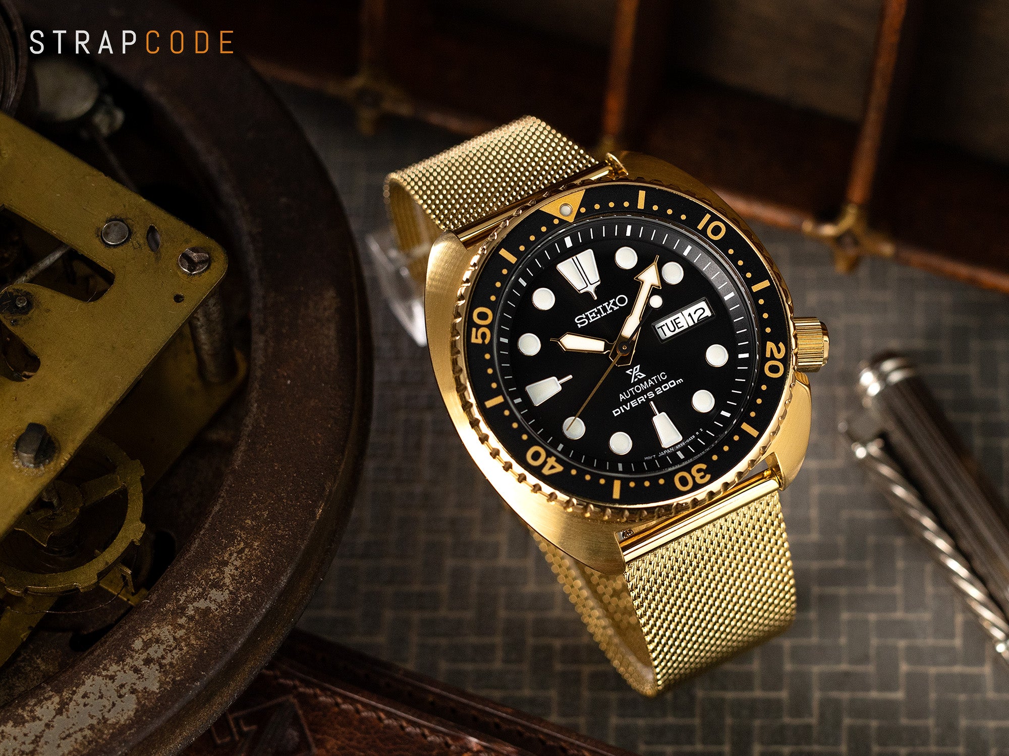 Seiko New Turtle Prospex SRPC44 Gold on the Quick Release IP Gold Classic Superfine Mesh watch band by Strapcode
