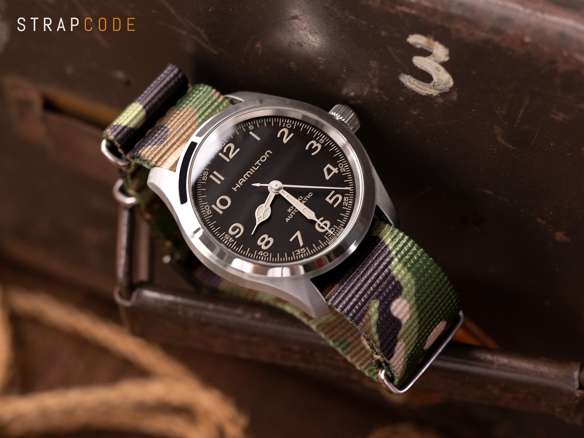 Hamilton Khaki Field 38mm Murph pairs Camouflage NATO watch strap by Strapcode