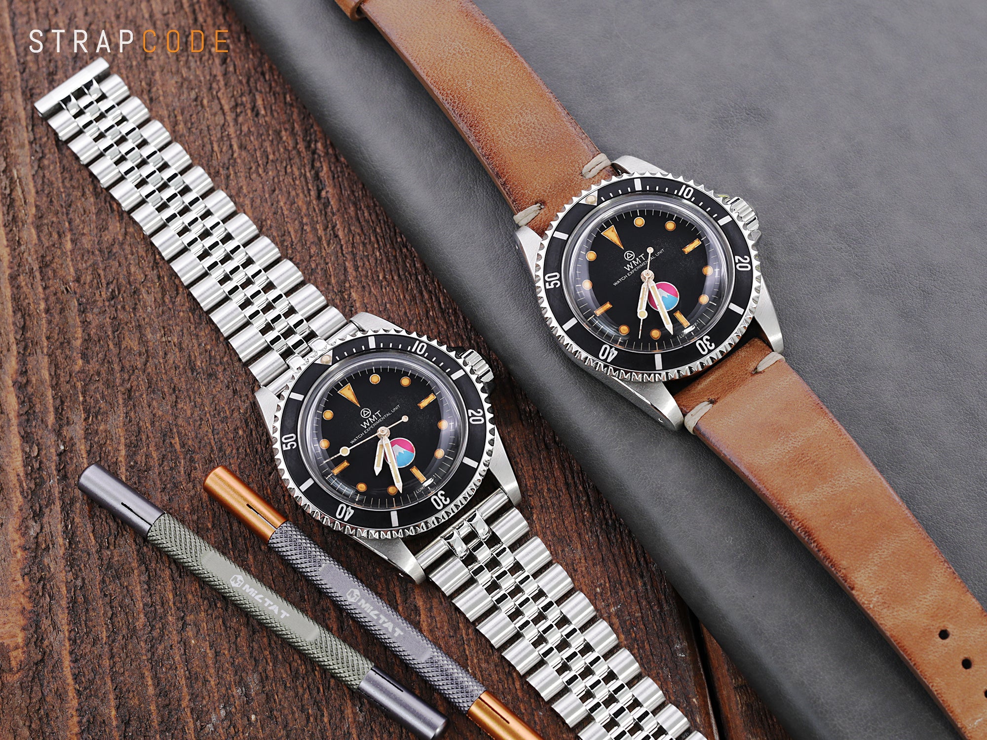 Two faces of WMT Watches Royal Marine Fuji, left: sporty with Super-Jub II QR Stainless Steel Strap, right: elegant with Artisan Brown 2 Italian Leather Strap