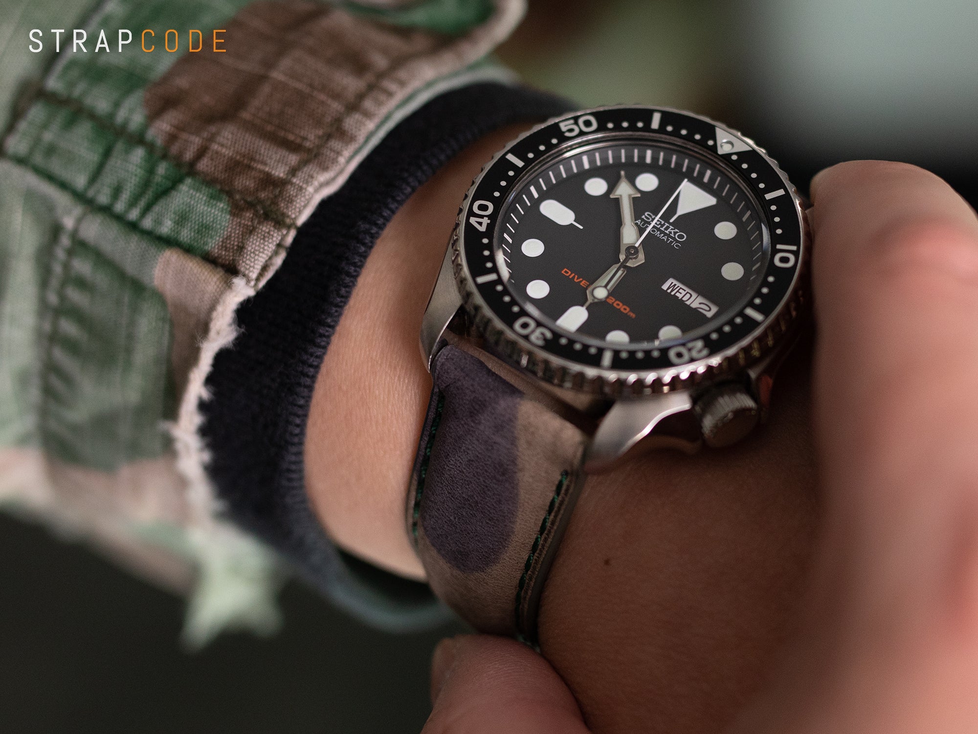 Seiko SKX007 Diver pairs Camouflage Leather watch band by Strapcode