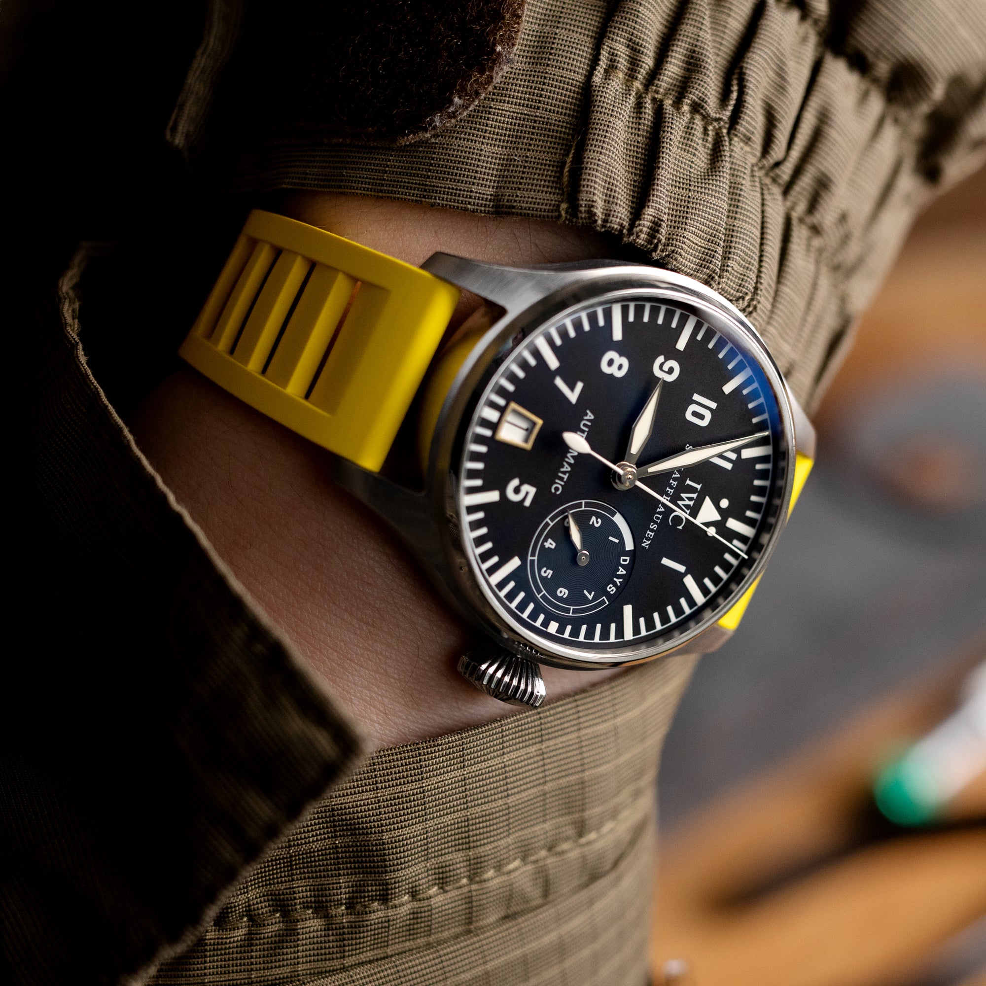 Yellow  Rubber Watch Strap by Strapcode is the perfect complement to the striking IWC Big Pilot watch 5002 