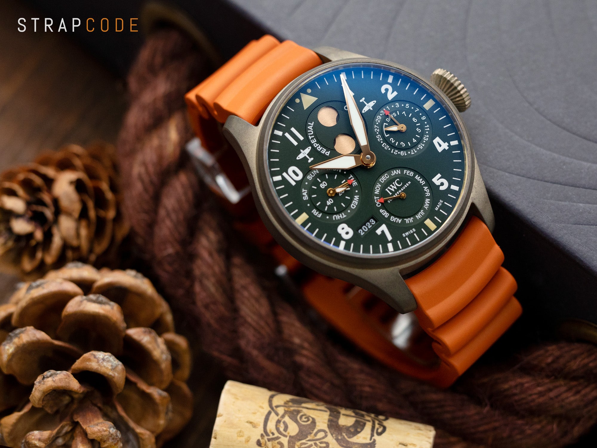 IWC Pilot Spitfire Chronograph Bronze pairs 22mm Orange Firewave FKM rubber watch strap by Strapcode