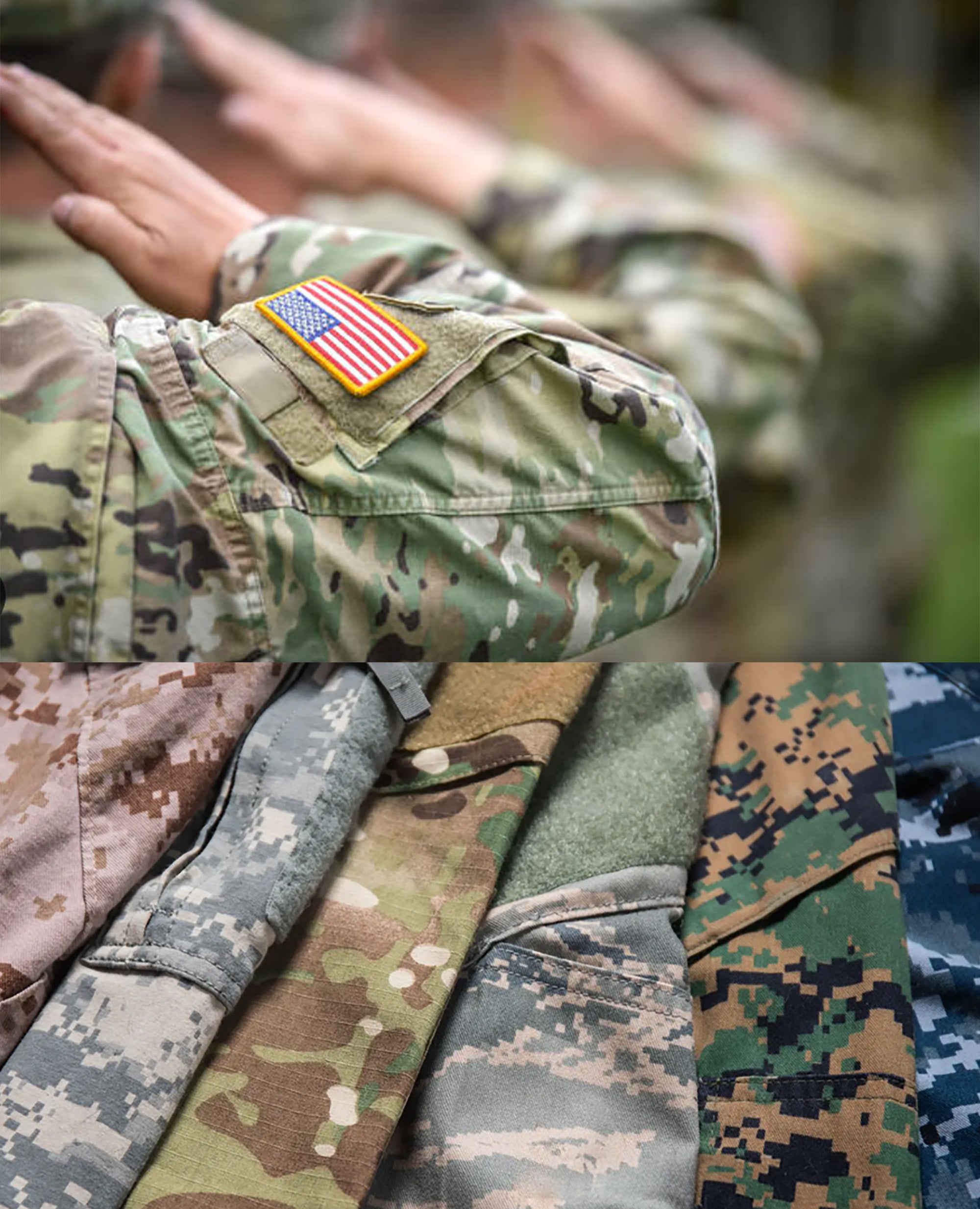 U.S. military uniforms, arrayed in specialized camo, adapt to multiple functions and environments with seamless versatility.