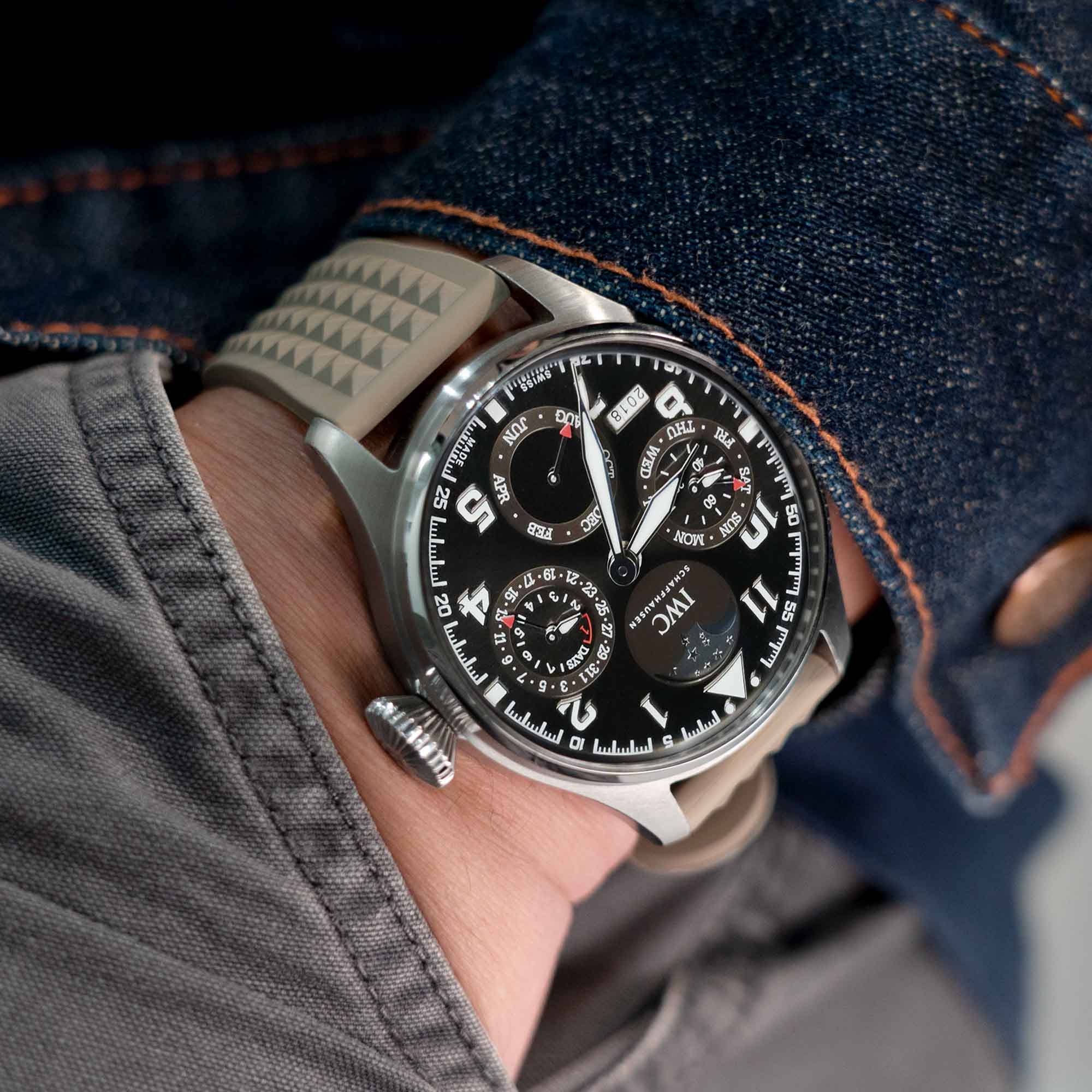 The sand color Chaffle FKM rubber strap by Strapcode is a perfect match of the IWC Big Pilot's Watch Perpetual Calendar Antoine de Saint Exupéry IW503801