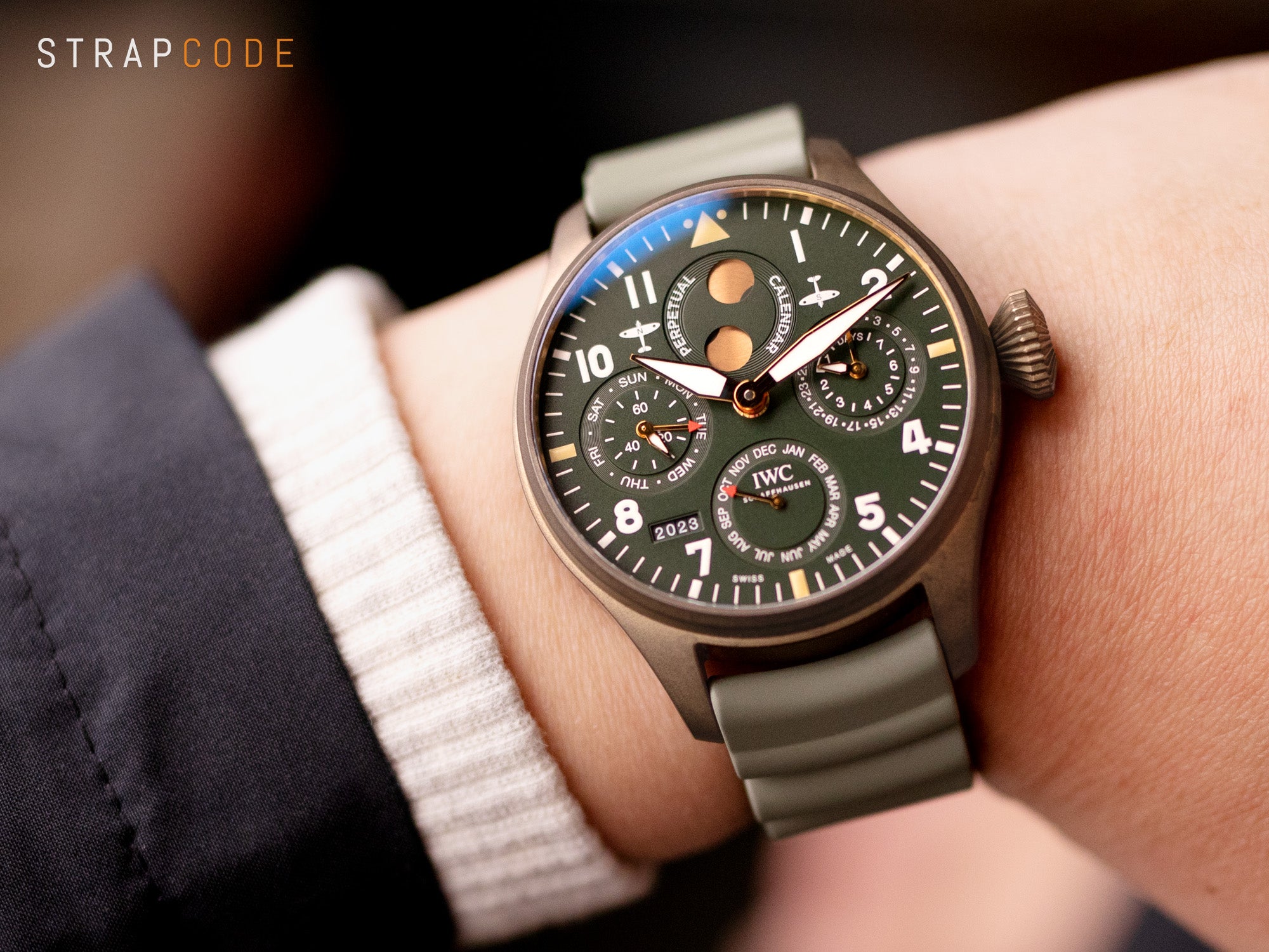 IWC Pilot Spitfire Chronograph Bronze pairs 22mm Green Firewave FKM rubber watch strap by Strapcode