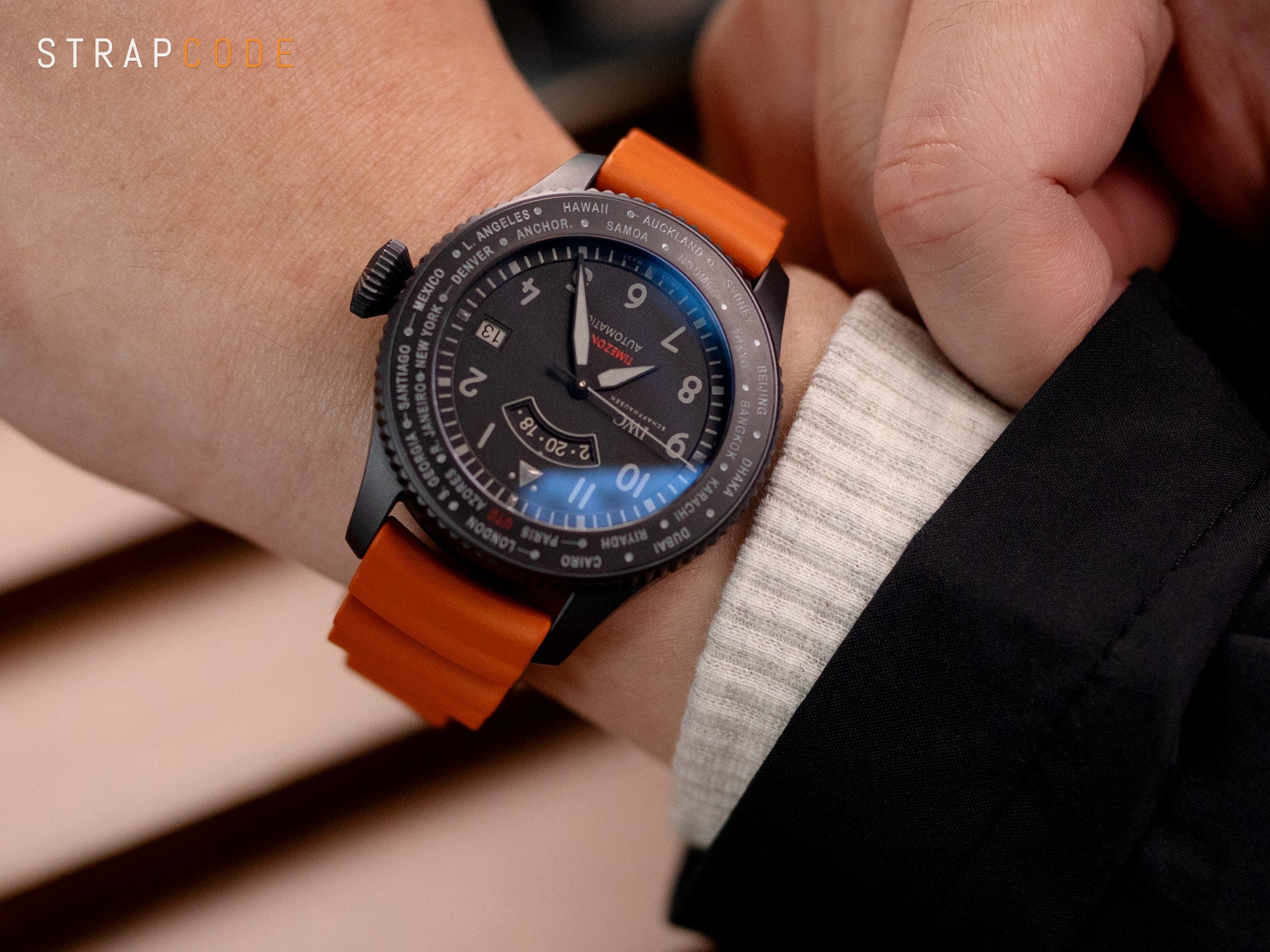 IWC Pilot Timezoner TOP GUN Ceratanium IW395505 pairs Orange Firewave FKM rubber watch strap by Strapcode