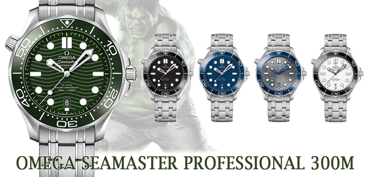 All five Omega Seamaster Professional Diver 300M steel color variations