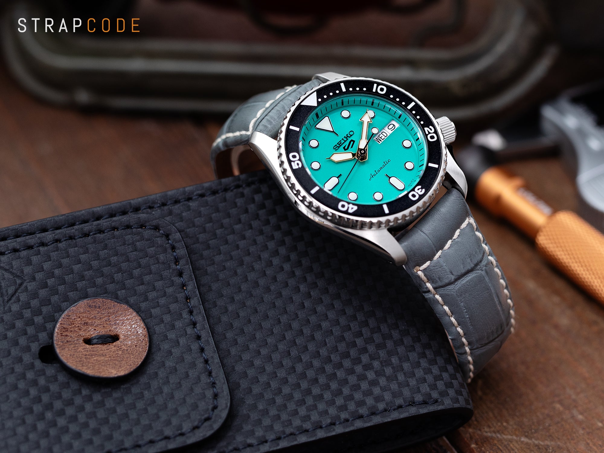 Seiko 5 Sports 38mm SRPK33 Teal Green and the CrocoCalf Light Grey Watch Strap by Strapcode Watch Bands