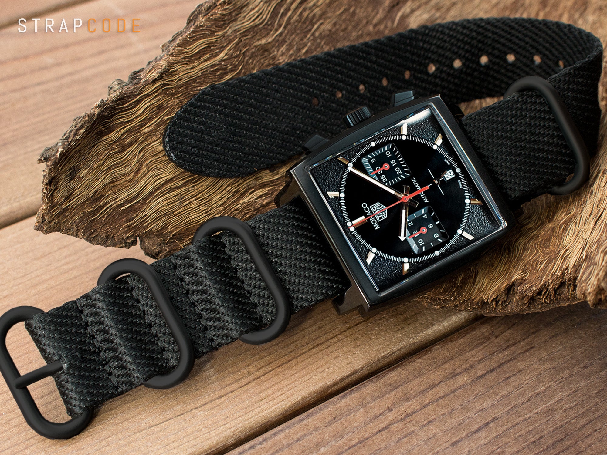 Black ZULU Watch Strap paired with TAG Heuer Monaco Dark Lord, by Strapcode