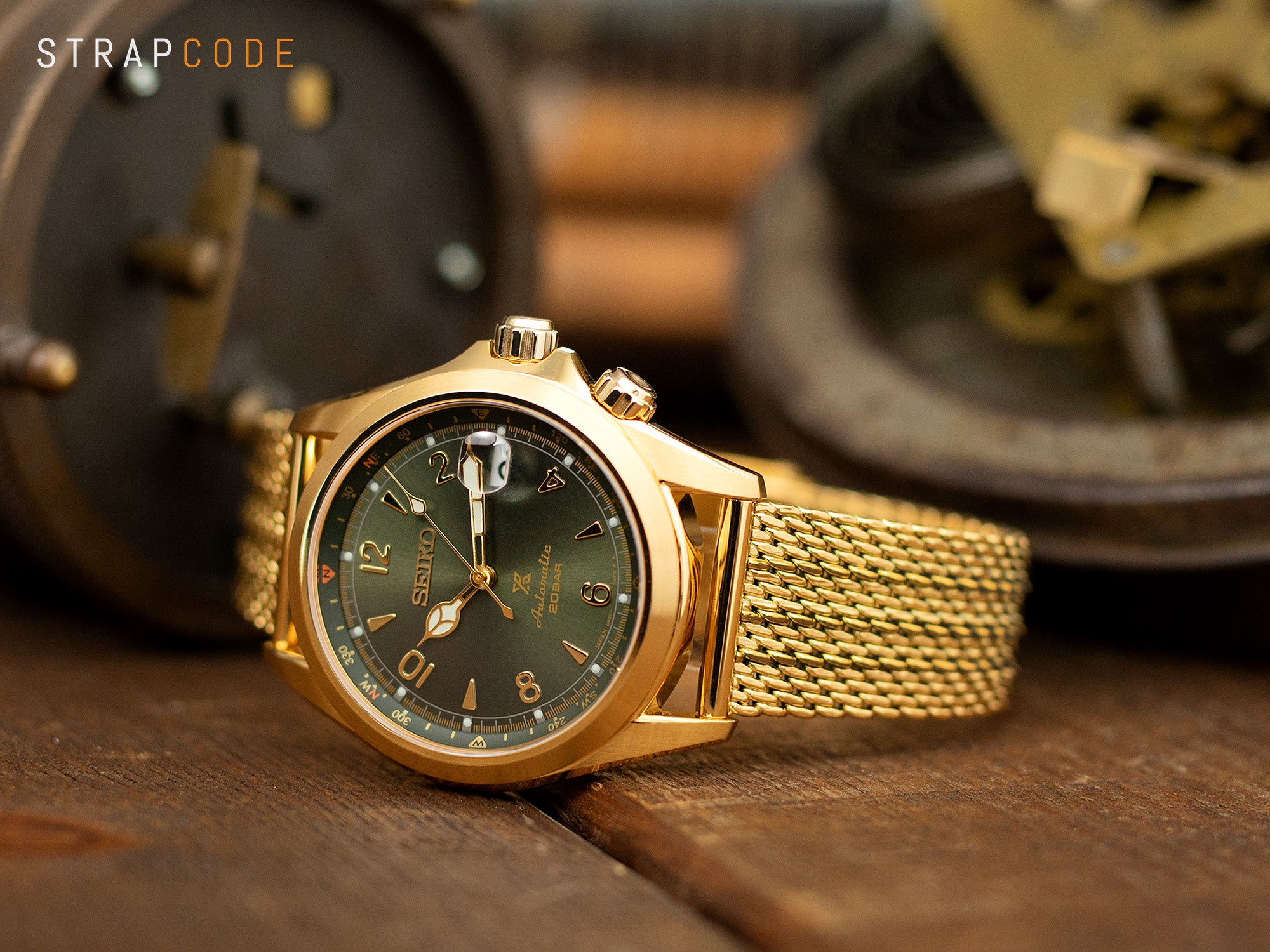 Seiko Prospex Alpinist on a 20mm, polished IP gold Milanese bony wire mesh watch band by Strapcode