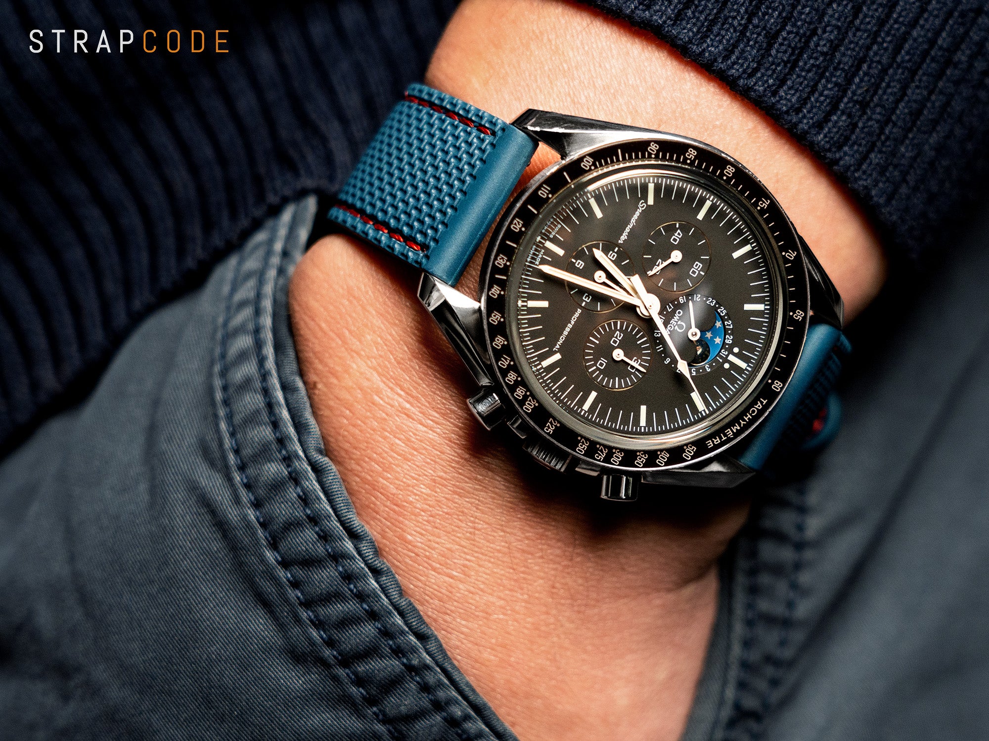 Omega SpeedyMoon paired with a Q.R. Performance FKM Rubber Strap by Crafter Blue, Strapcode