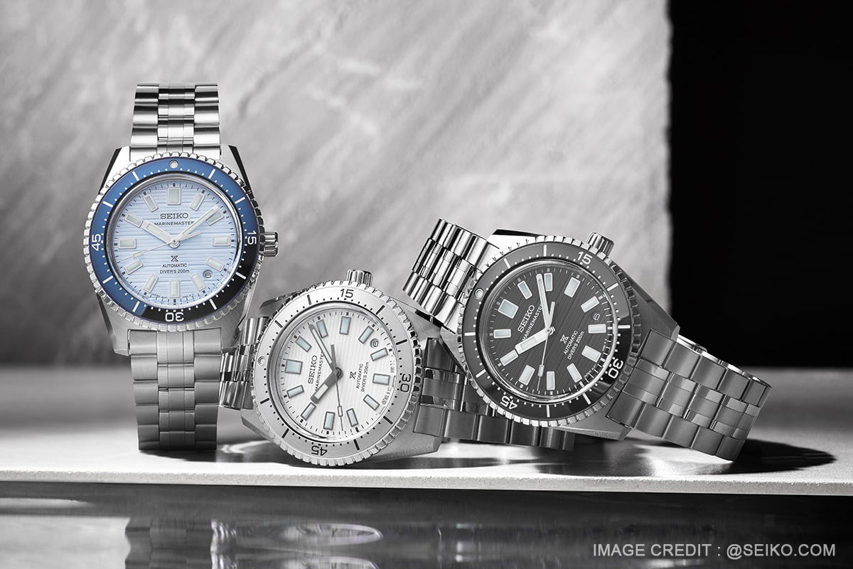 Three new Seiko Marinemaster watches from left to right - the SJE099, SJE101, and limited edition SJE097