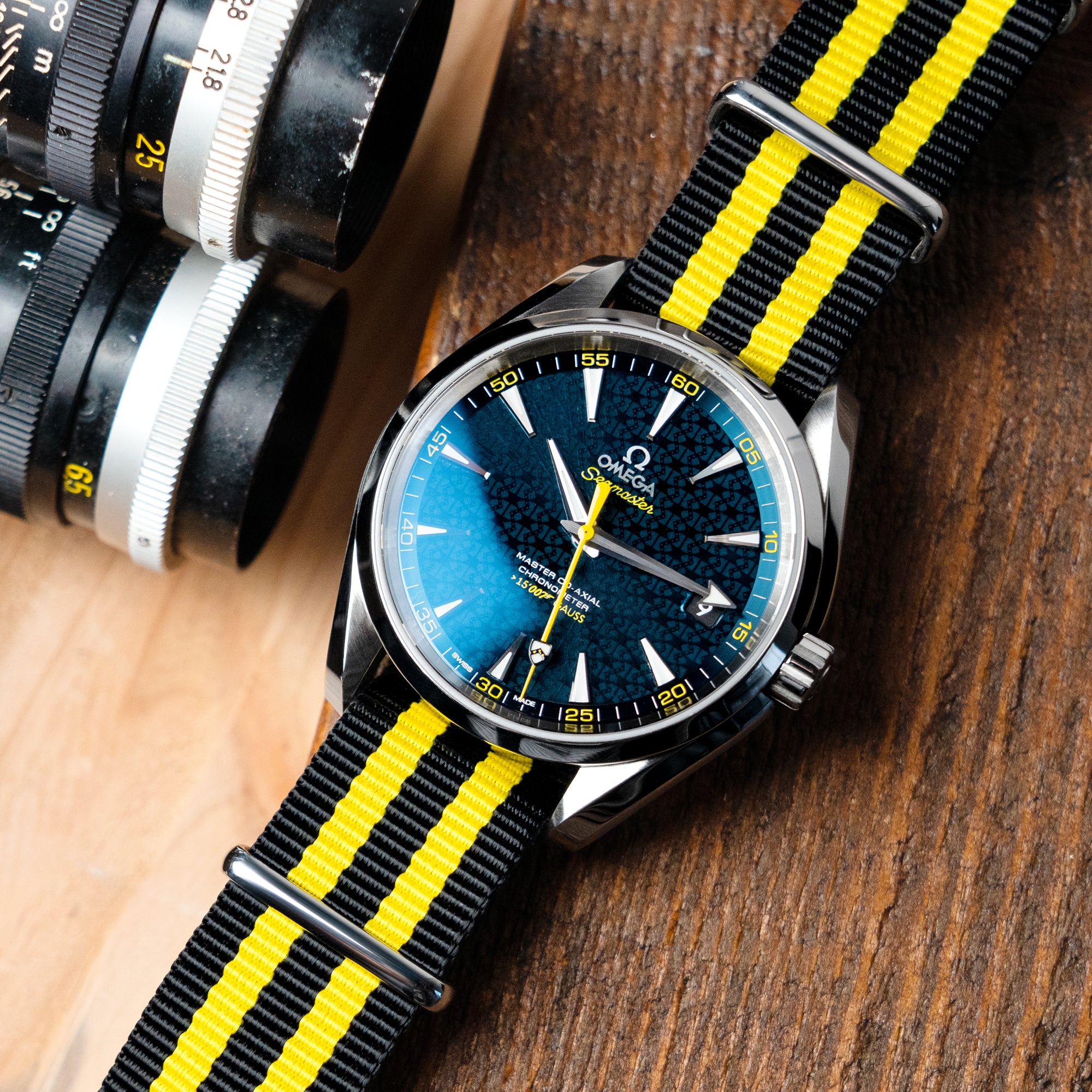 The Omega Seamaster Aqua Terra Black and Yellow NATO James Bond watch strap by Strapcode