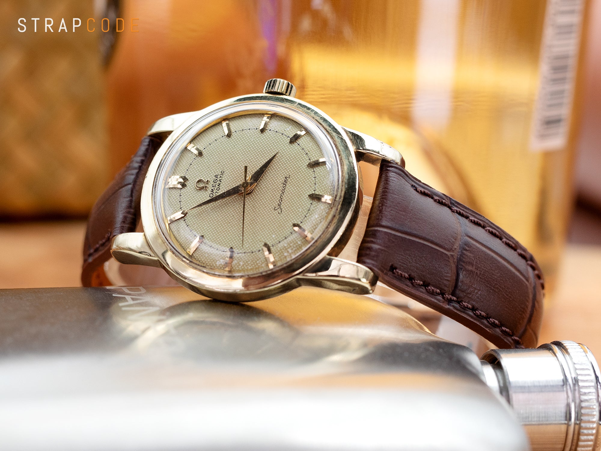 1952 Omega Gold Capped Seamaster with Bumper Caliber 354 Crocodile Grain watch bands by Strapcode