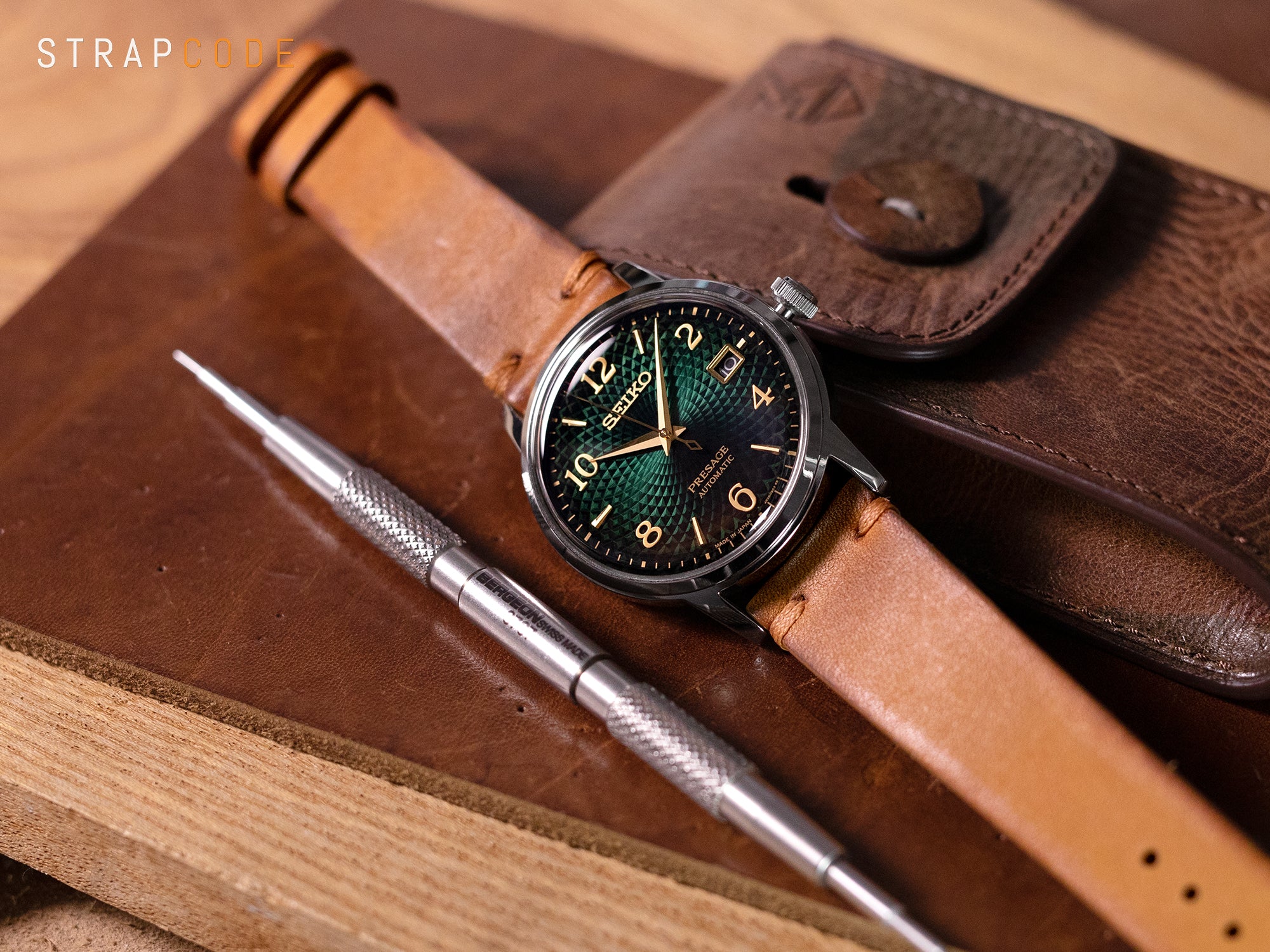 The Italian-crafted leather watch band and Seiko Presage Cocktail Time Mojito SRPE45J1 by Strapcode