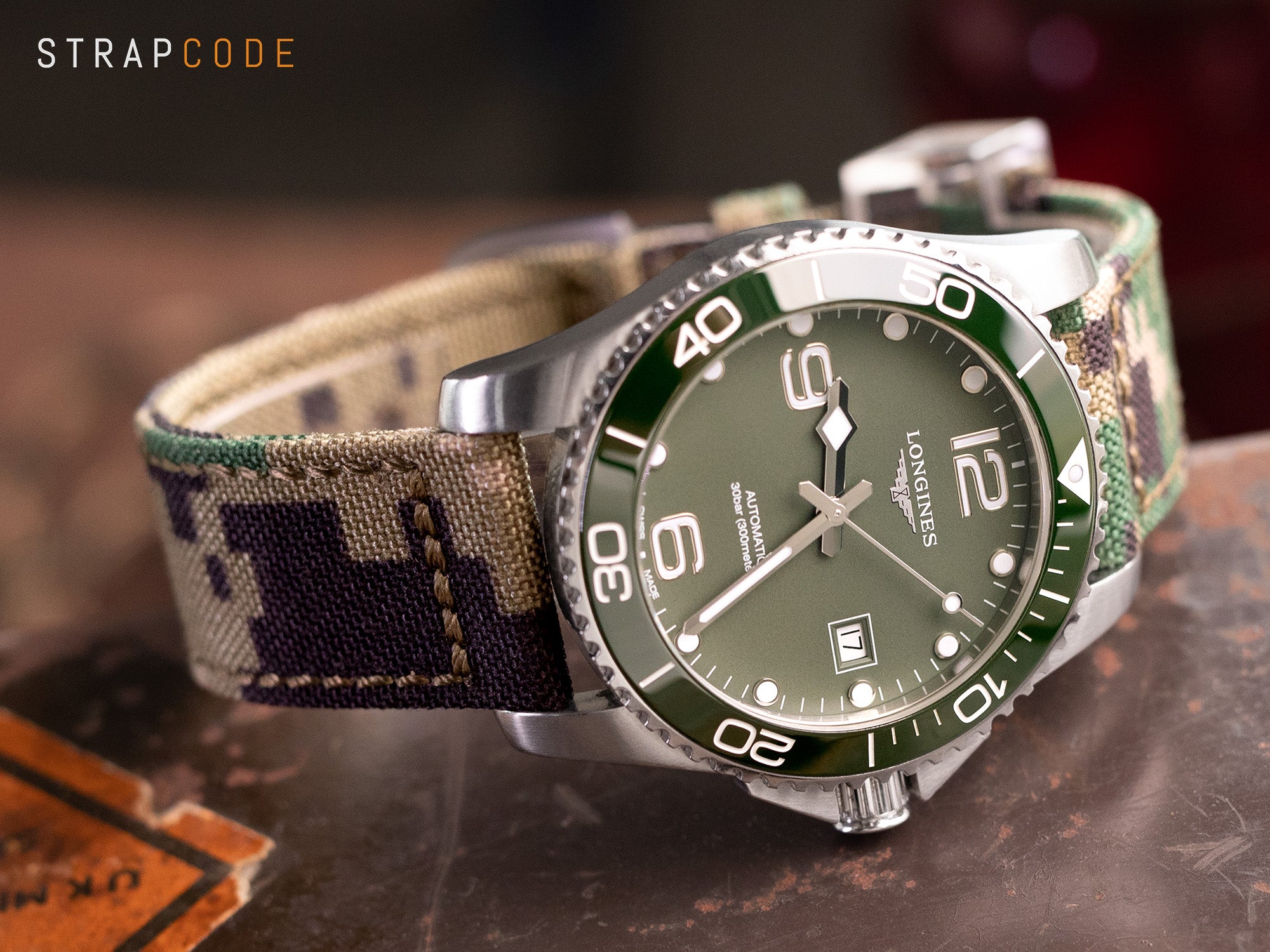 Longines Hydroconquest 41mm Automatic Green Dial L37814069 pairs WW2 Camouflage watch strap by Strapcode