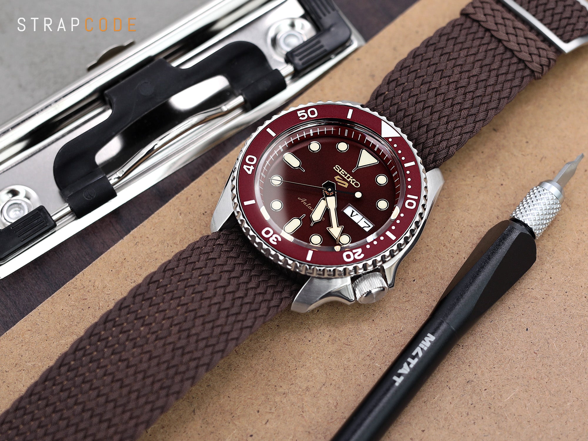 22mm Perlon Watch Strap in Brown on a matching Seiko 5 Sports SRPD69K1 Reddish Brown dial by Strapcode watch bands