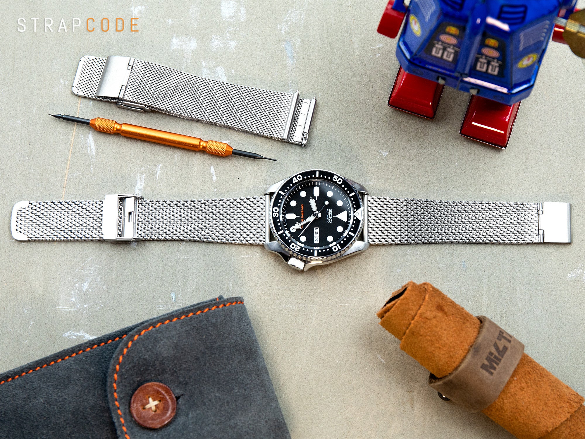 Milanese mesh watch band by Strapcode gives Seiko SKX007 Diver a rugged yet classy look.