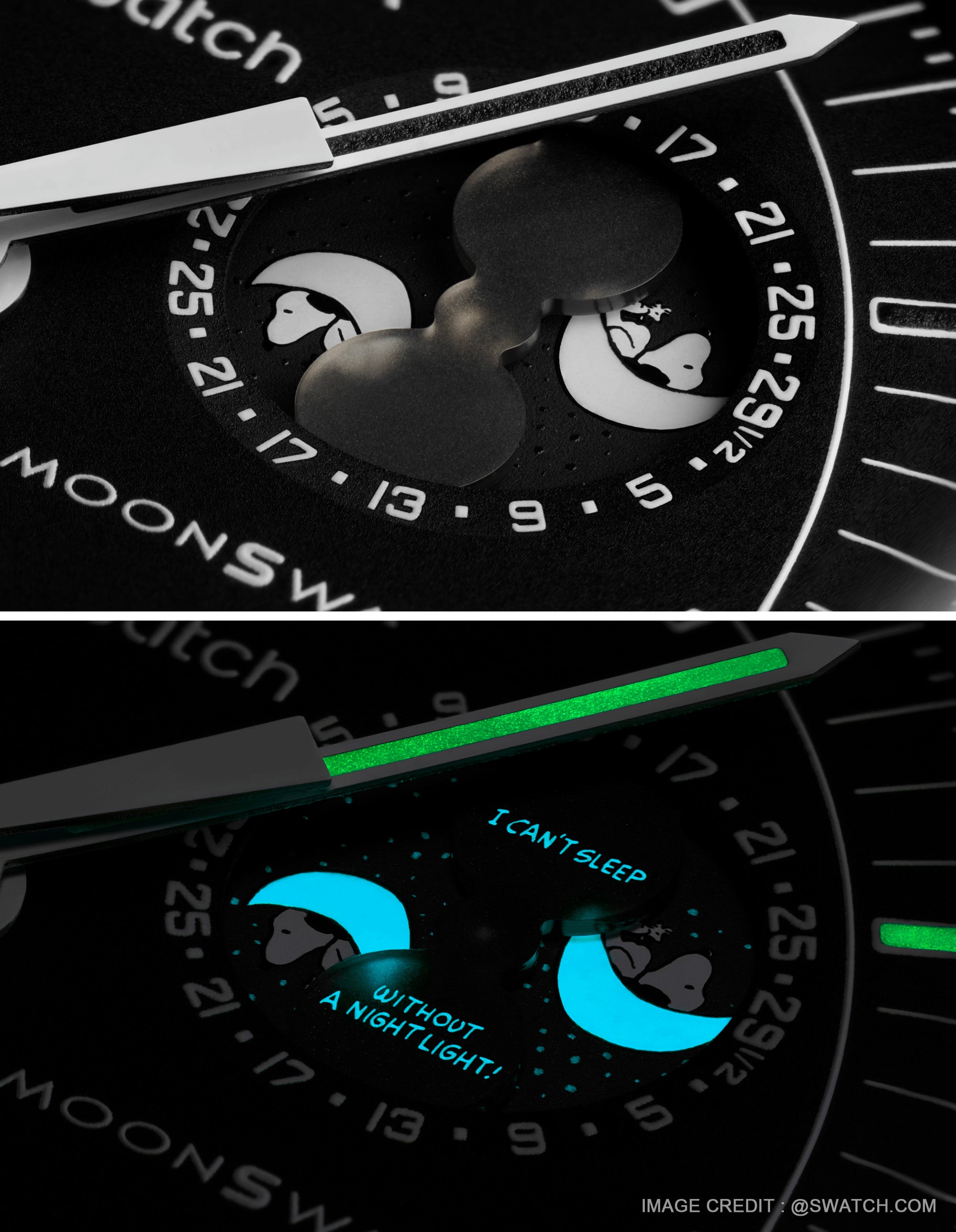 Detail lume of the MoonSwatch Snoopy edition and the I can't sleep without a night light message glow in blue.