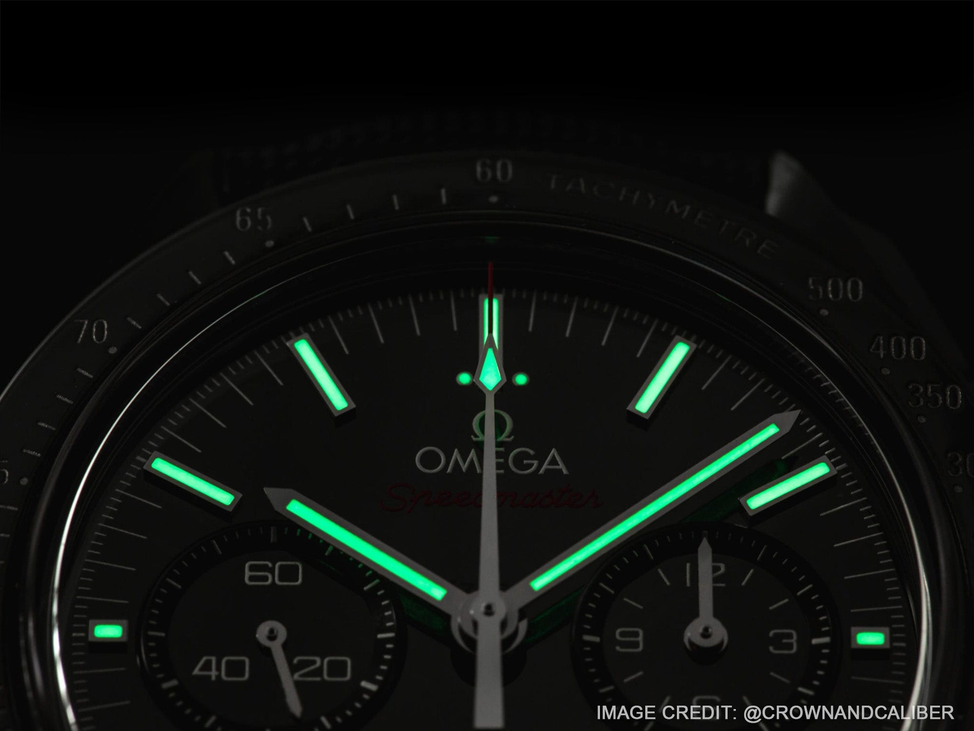 The Super-LumiNova lume on the Omega Speedmaster is highly visible in the dark. 