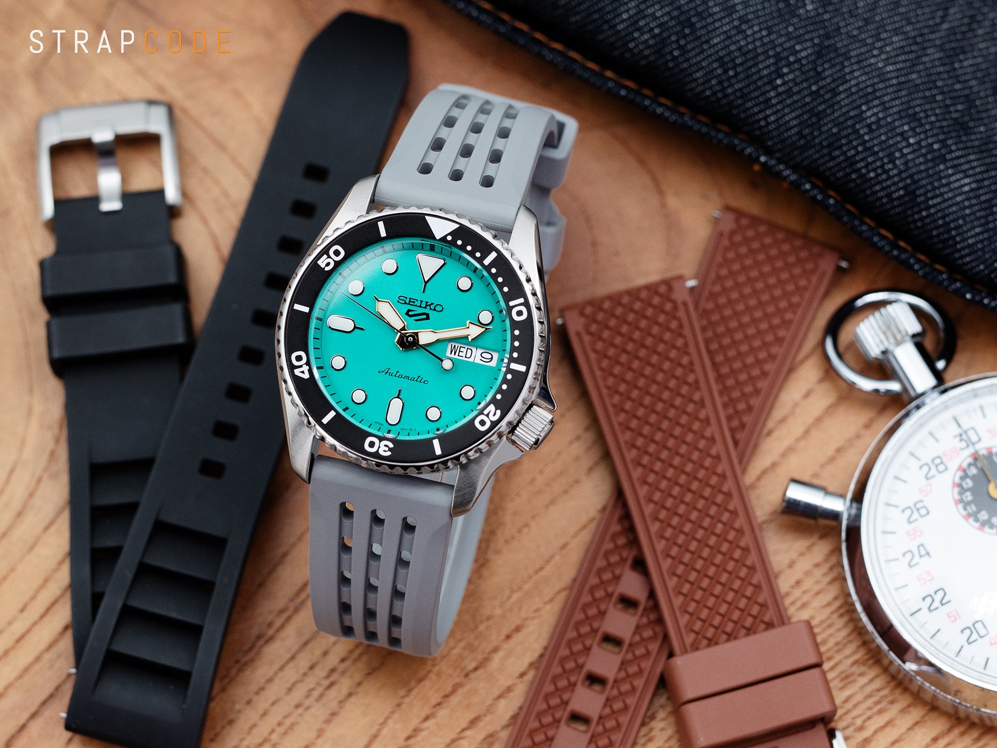 Quick Release FKM Rubber Sports Watch Straps and rock your Seiko 5 Sports 38mm SRPK33 Teal Green by Strapcode Watch Bands