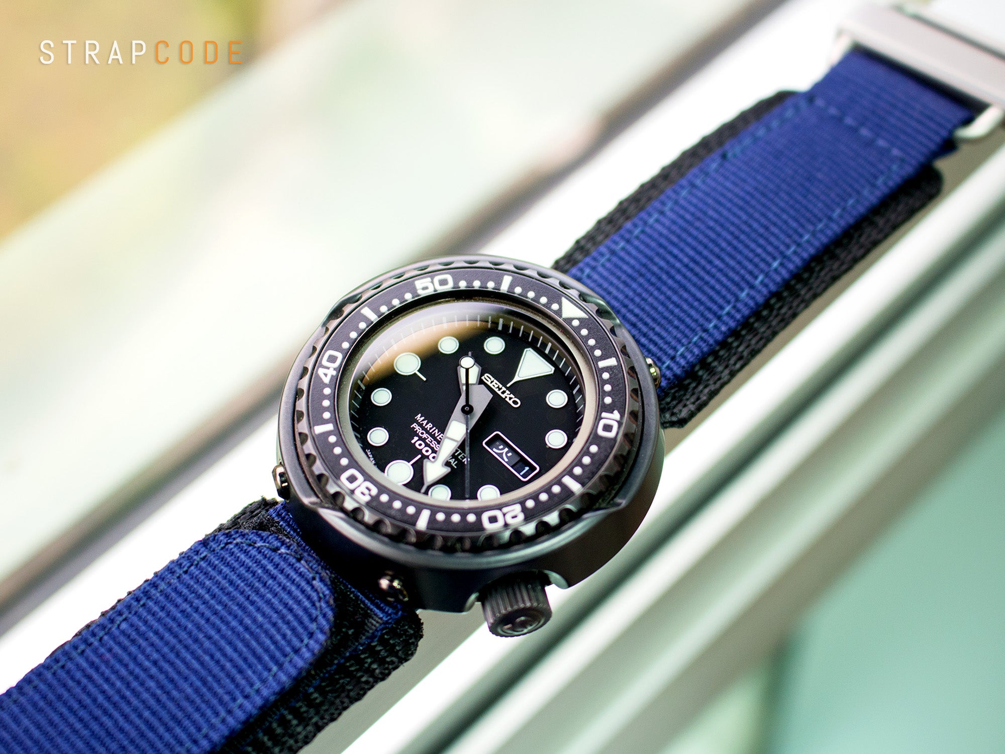 Navy Blue Honeycomb Nylon Hook N' Loop Strap by Strapcode Watch Bands, Seiko Prospex Marine Master SBBN013 Darth Tuna Professional 1000m 