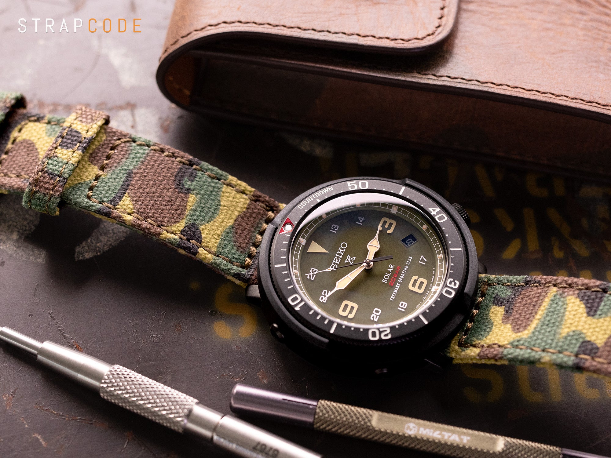 Seiko Prospex Fieldmaster SBDJ023 pairs Camouflage watch strap by Strapcode