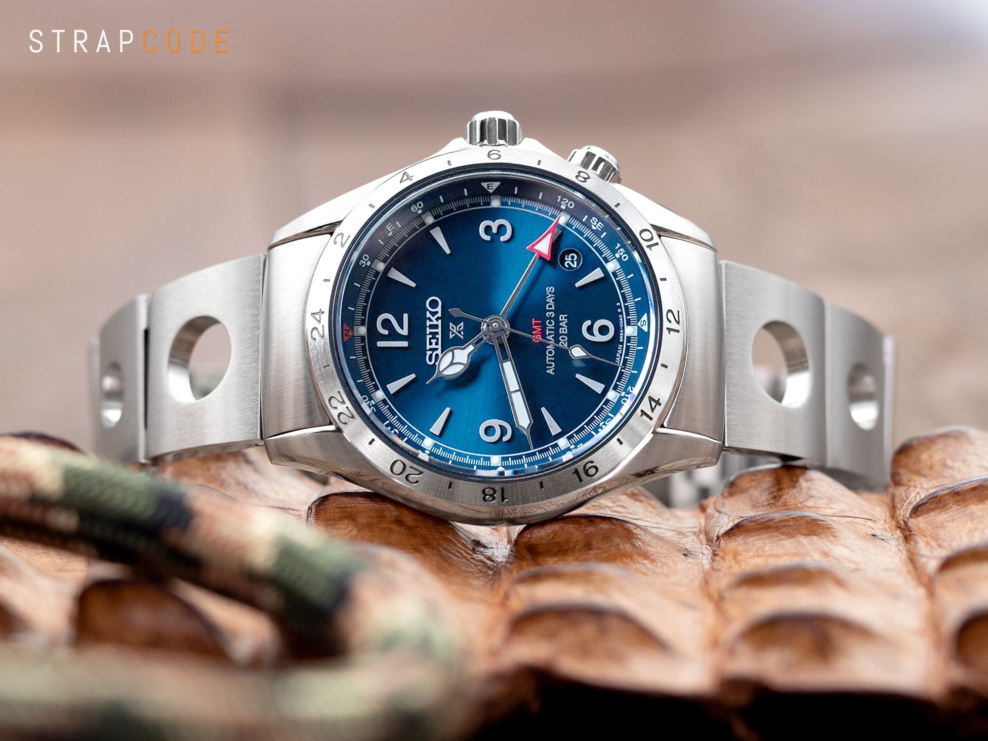 Seiko Alpinist GMT SPB377 Blue with Strapcode fitted endlink stainless steel watch band