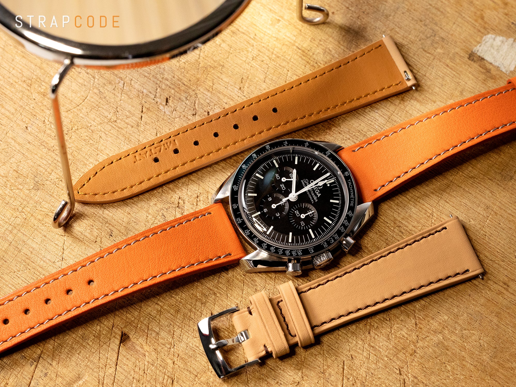 Omega Speedy best matching with the well-made Orange Leather Watch Band with Zermatt leather lining by Strapcode