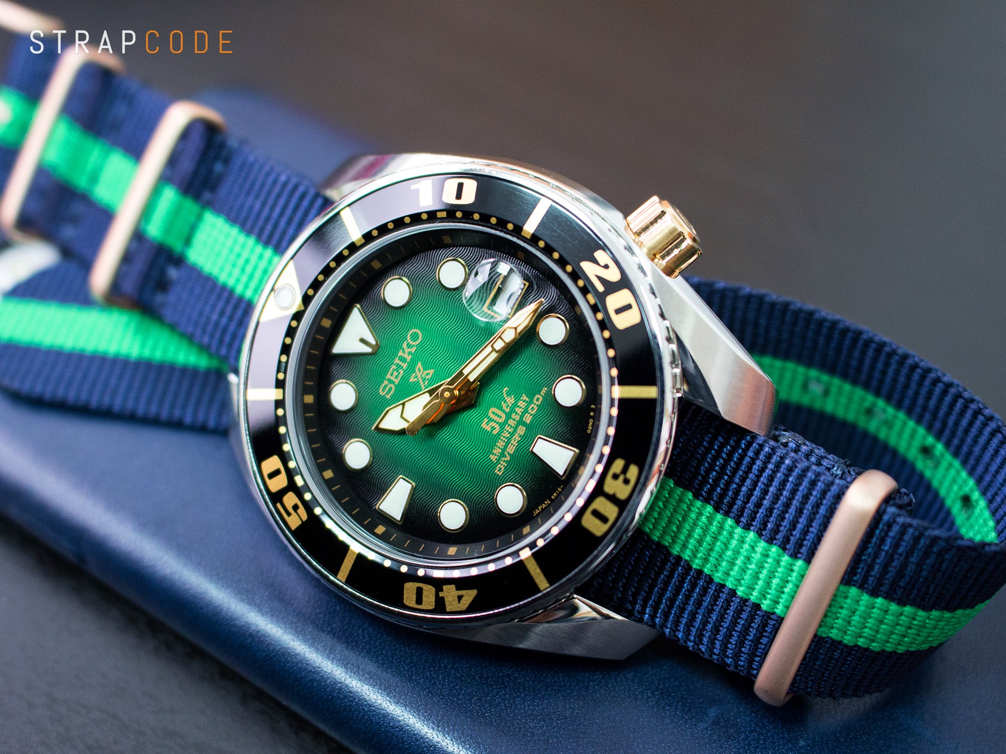 Pairing the Seiko SPB031 Prospex Green Sumo with a NATO strap Champagne Gold buckle by Strapcode watch bands