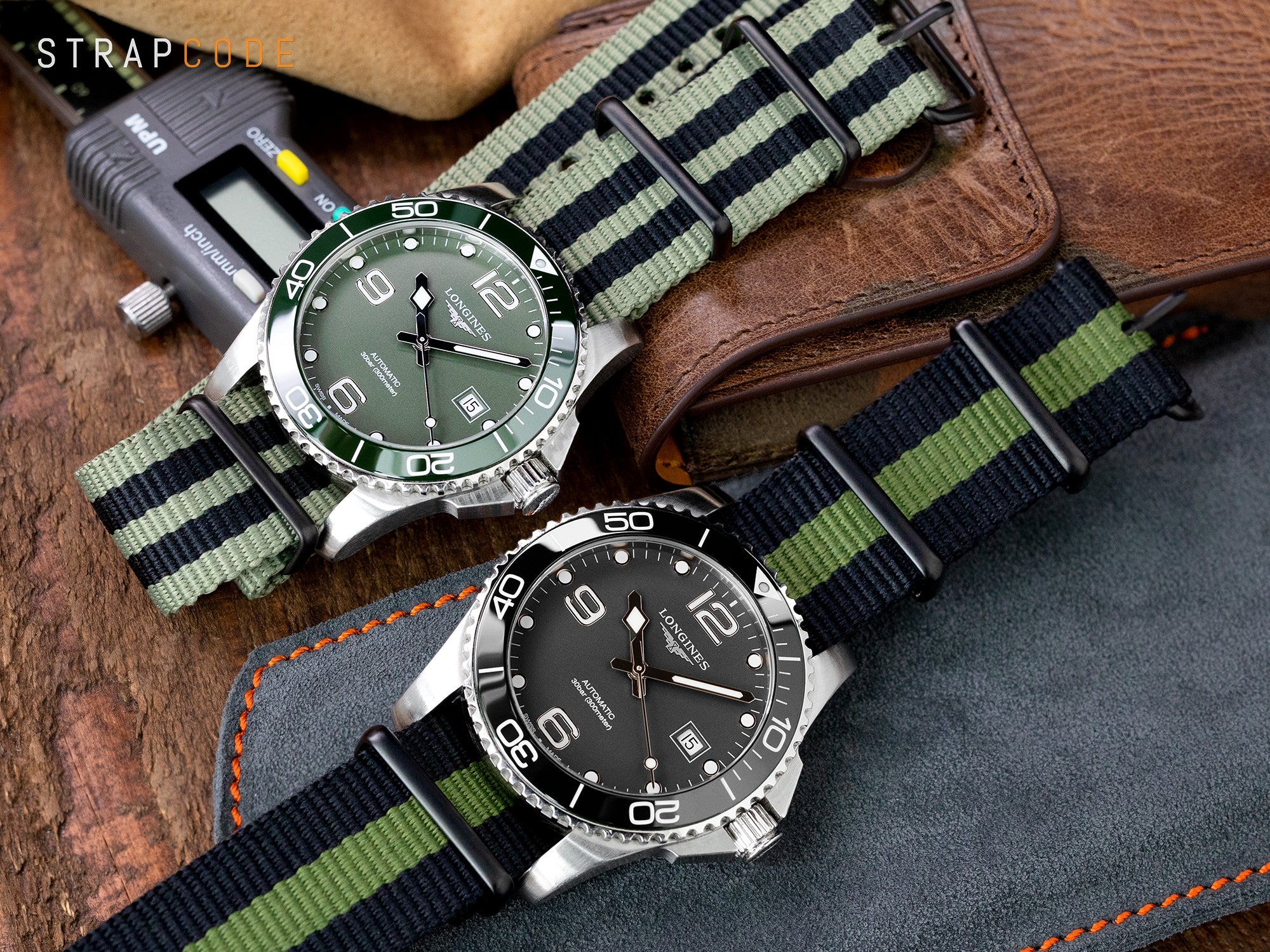 Military green tone NATO watch straps are essential accessory for professional settings for the two Longines automatic watches