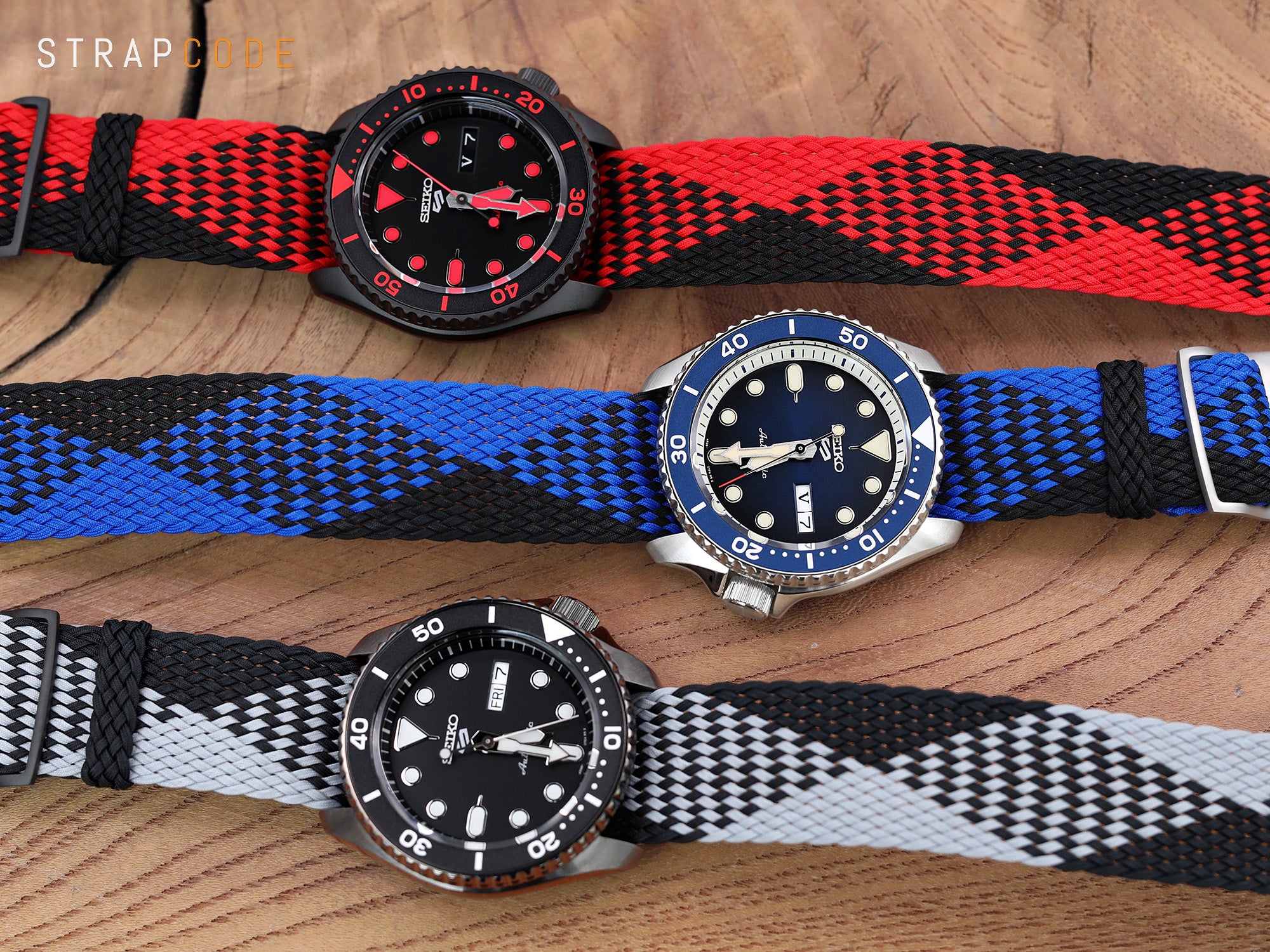 Three Seiko 5 Sports timepieces SRPD83K1 Black/Red; SRPD71K2/Blue and SRPD65K1/Black, showcase the versatility of Perlon watch straps