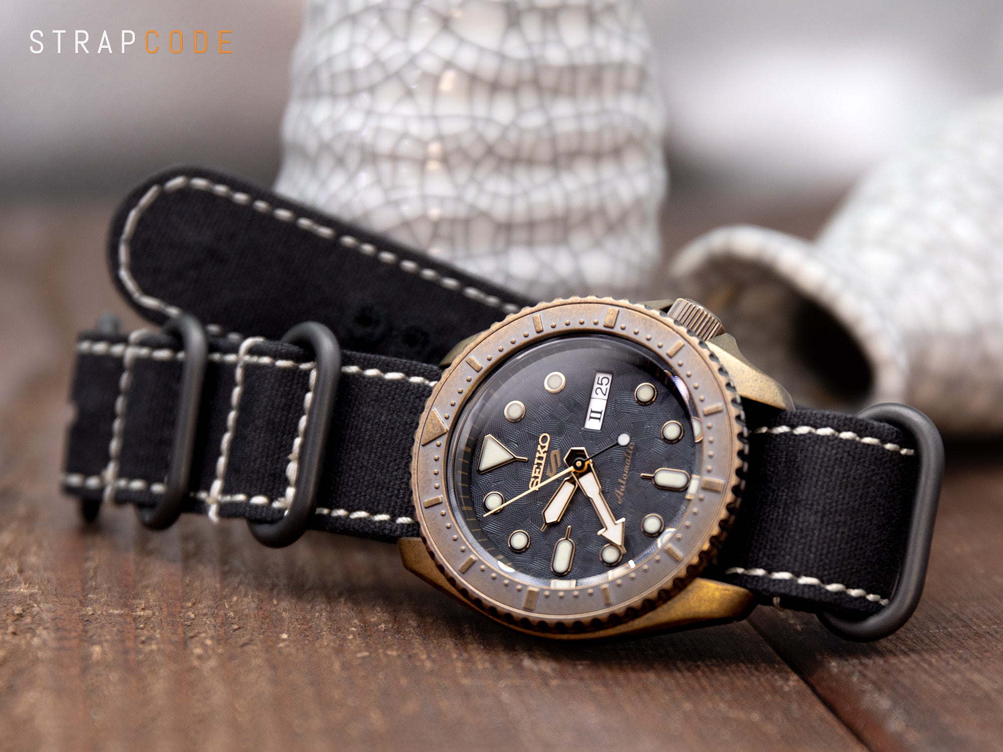 Washed Canvas Thick NATO Zulu strap on Seiko 5 Sports SRPE80 Bronze by Strapcode watch bands