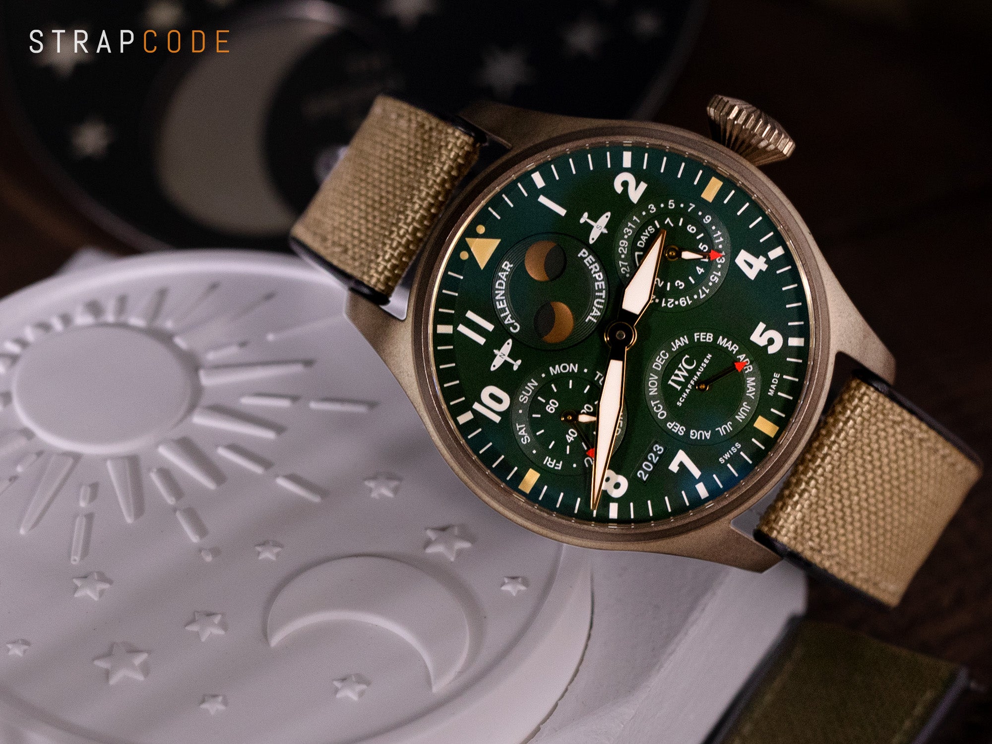 IWC Big Pilot's Watch Perpetual Calendar Spitfire and Hybrid Sailcloth Strap by Strapcode watch bands