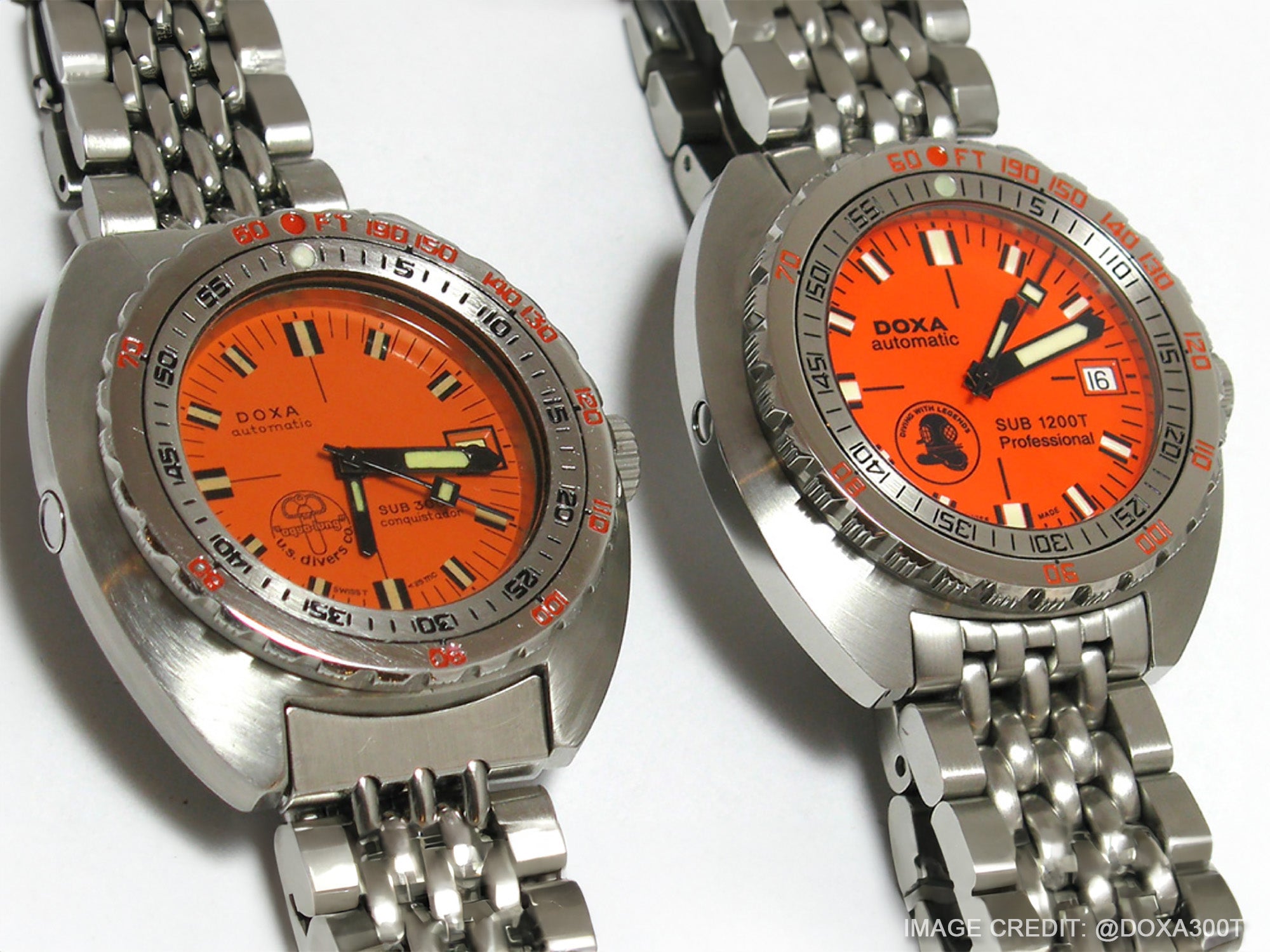 Two generations of Doxa watches feature the iconic Doxa Orange dial.