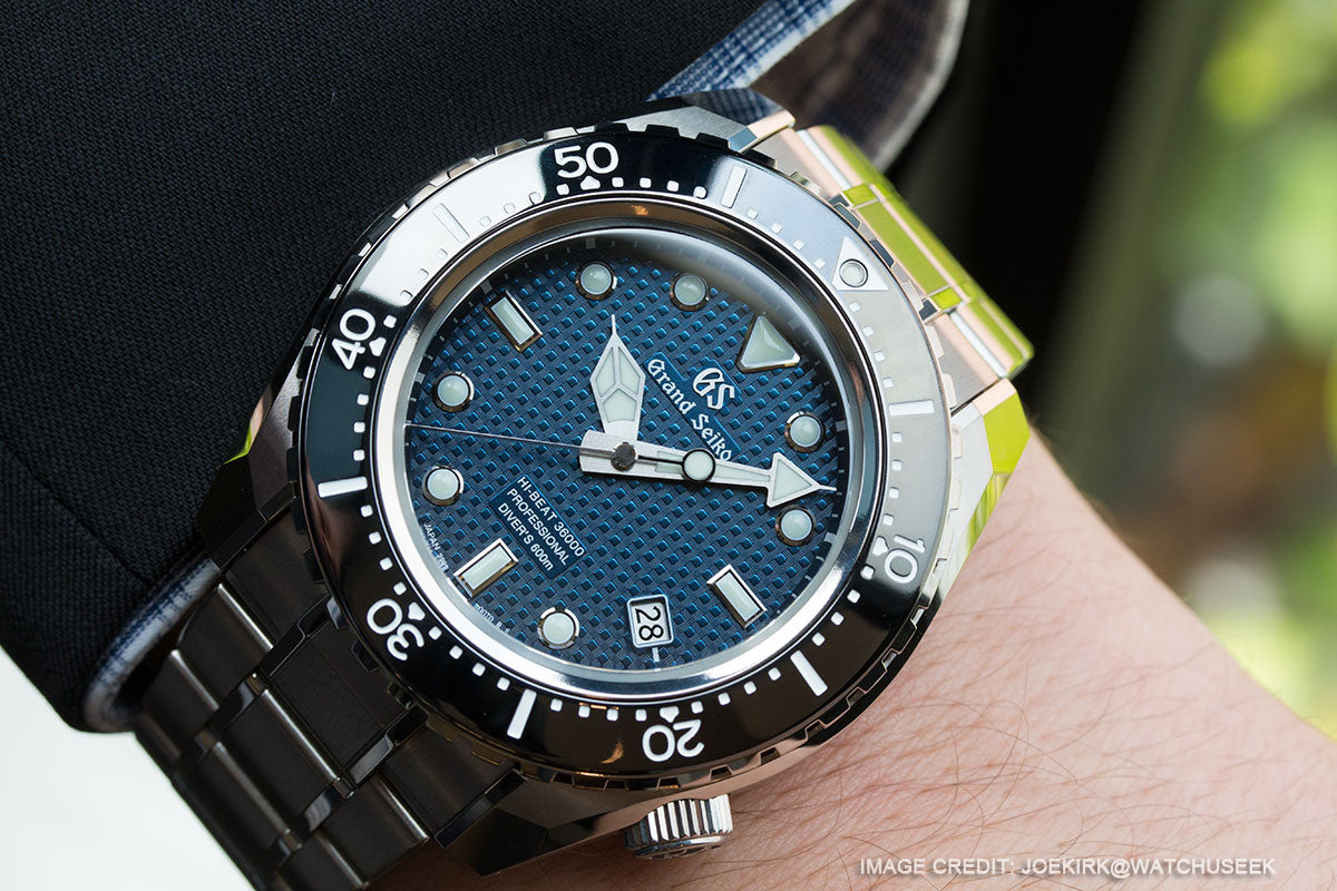 The Grand Seiko Hi-Beat 36000 Professional 600m Diver's Limited Edition (SBGH257) has an iron dial that provides magnetic resistance of up to 16,000 A/m, by Strapcode watch bands