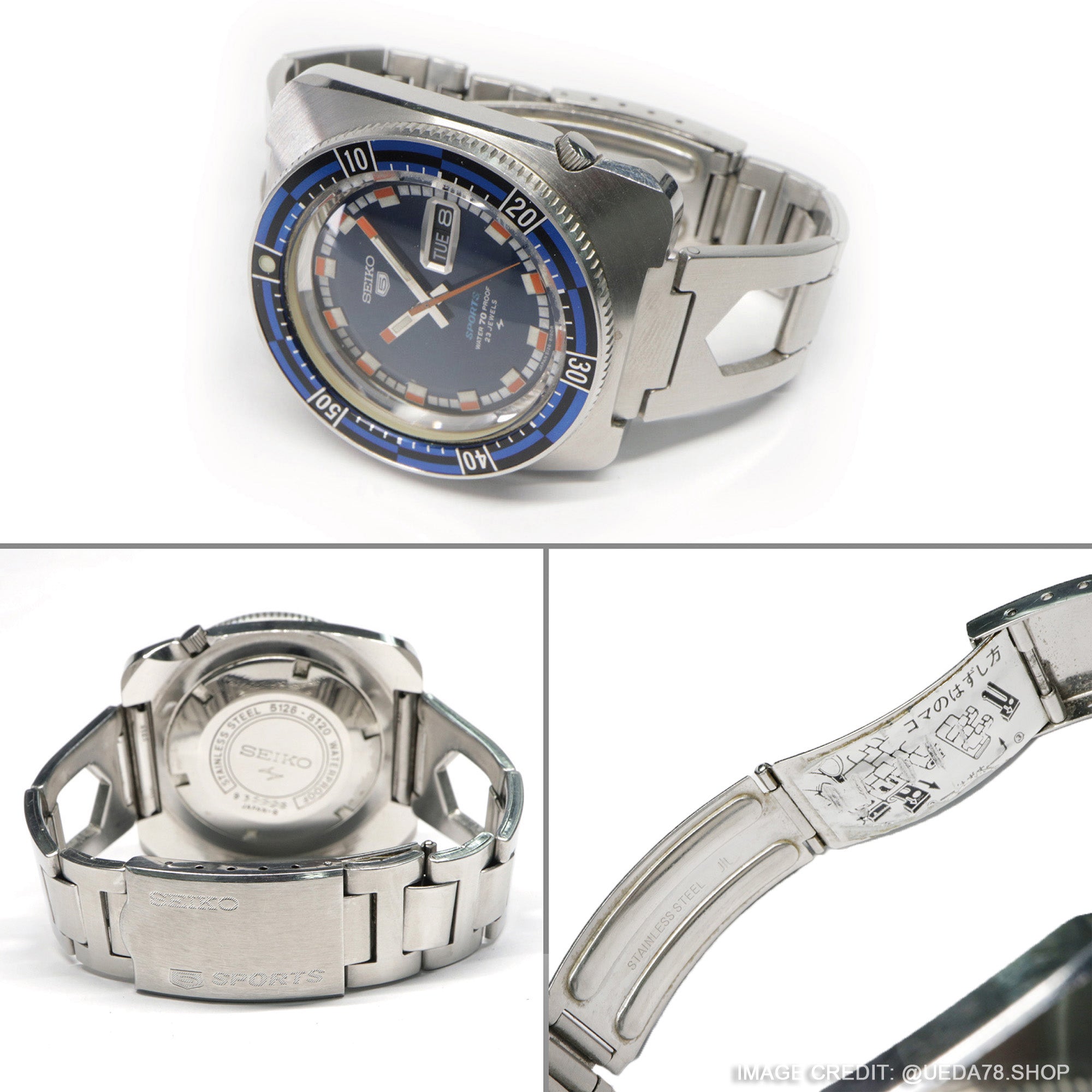 Seiko 5 Sports 5126-8120 Blue 1969 watch's Razor bracelet by Strapcode 