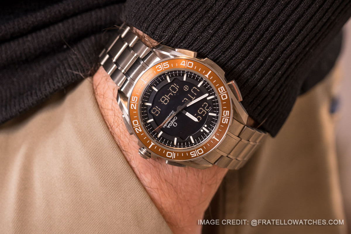 On the wrist Omega Speedmaster X-33 Marstimer with lightweight grade 2 titanium watch bracelet
