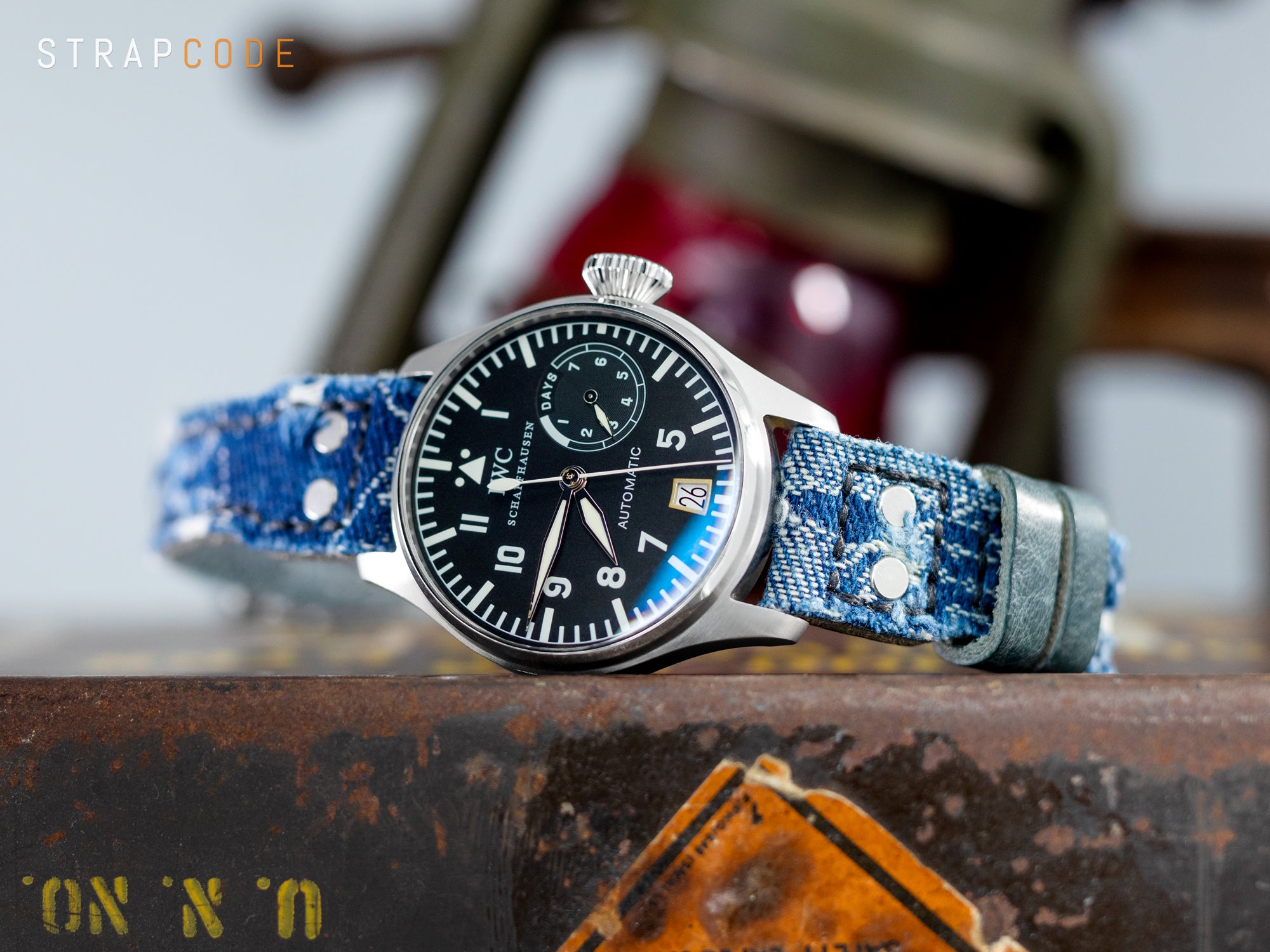 Denim watch strap that fuses rock with IWC Big Pilot 5002 by Strapcode watch bands