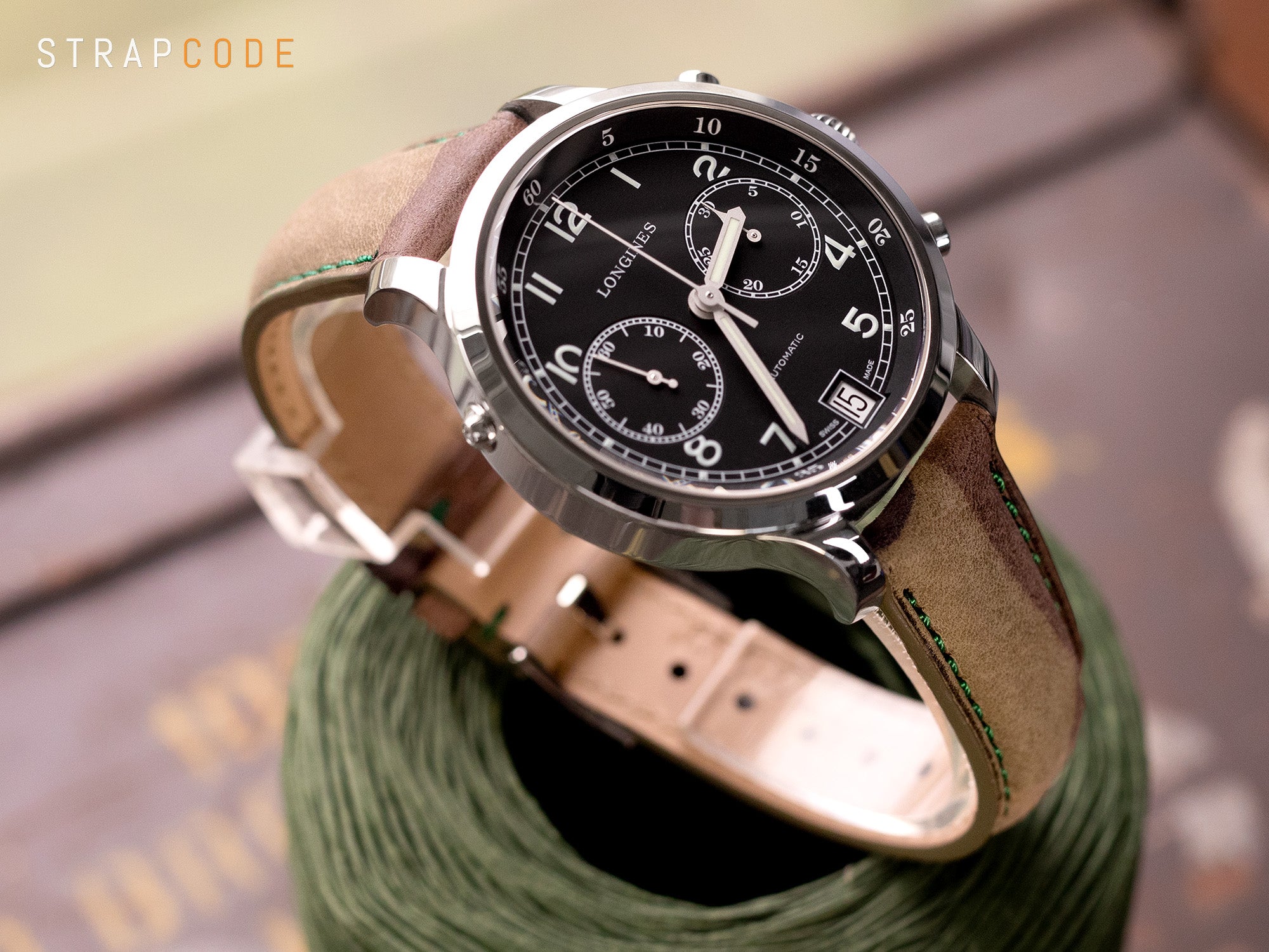 Longines Heritage Military 1938 Chronograph L2.790.4.53.3 pairs Camo Leather watch band by Strapcode
